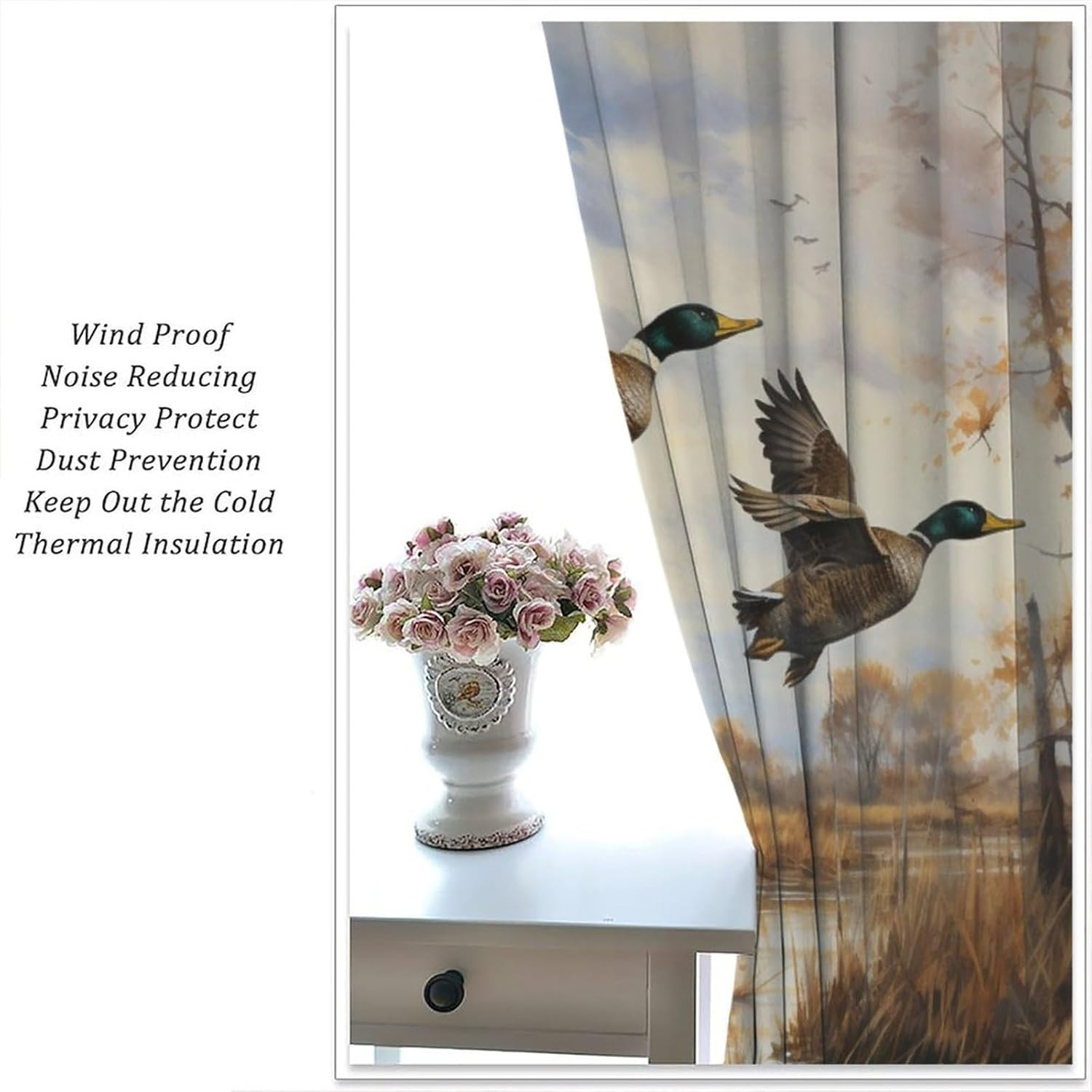 Vintage Mallard Duck Curtains for Bedroom,Country Nature Rustic Oil Painting Fal