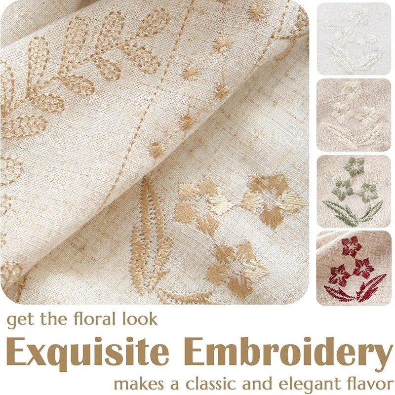 Farmhouse Floral Linen Curtains Light Filtering Embroidered Window Panels 2-Pack