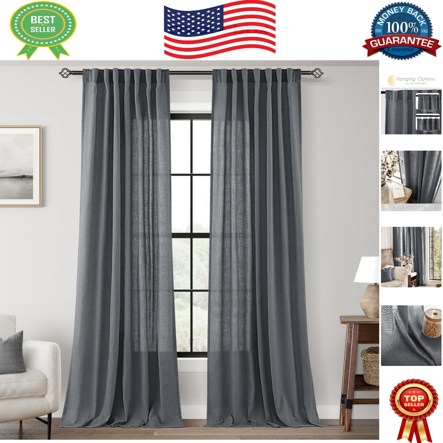 2-Piece Dark Gray Modern Farmhouse Curtains 84″ Long – Breathable & Stylish