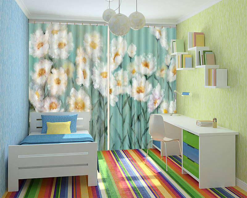 Daisies White Oil Painting 3D Curtain Blockout Photo Print Curtains Drape Fabric
