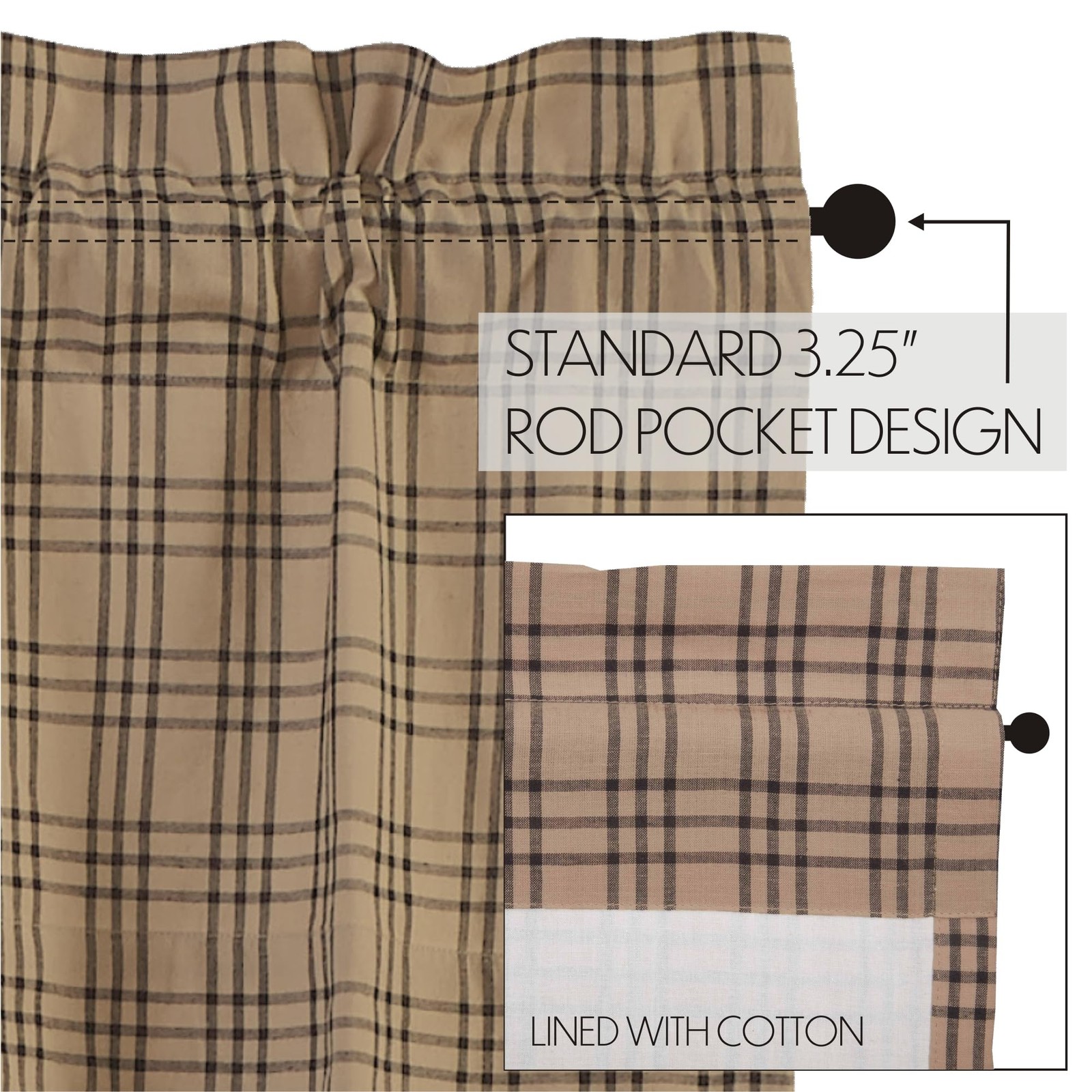 Farmhouse Kitchen Window Curtains-Sawyer Mill Tan Swag Pair, One Size, Charcoal