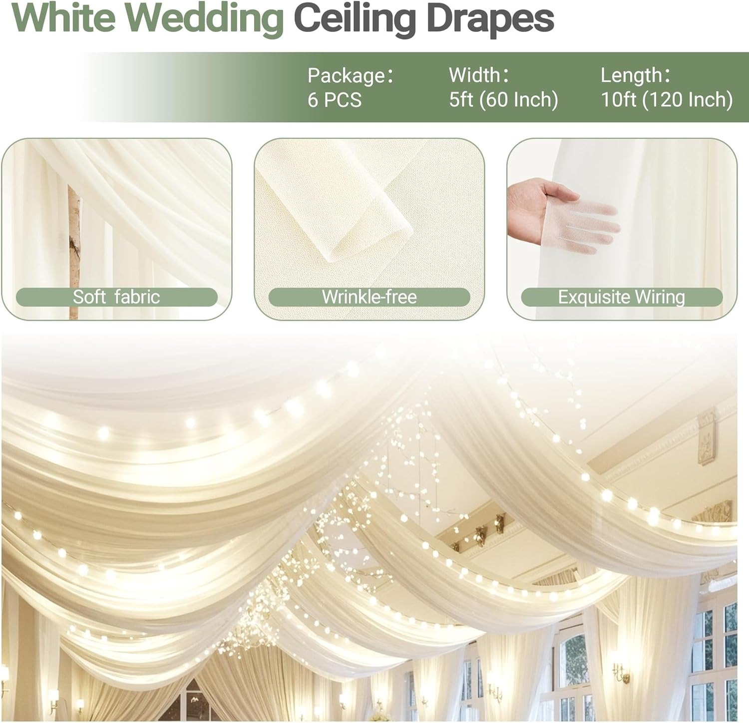 Ivory Sheer Tulle Ceiling Drapes with Lights for Weddings & Parties 5x10ft