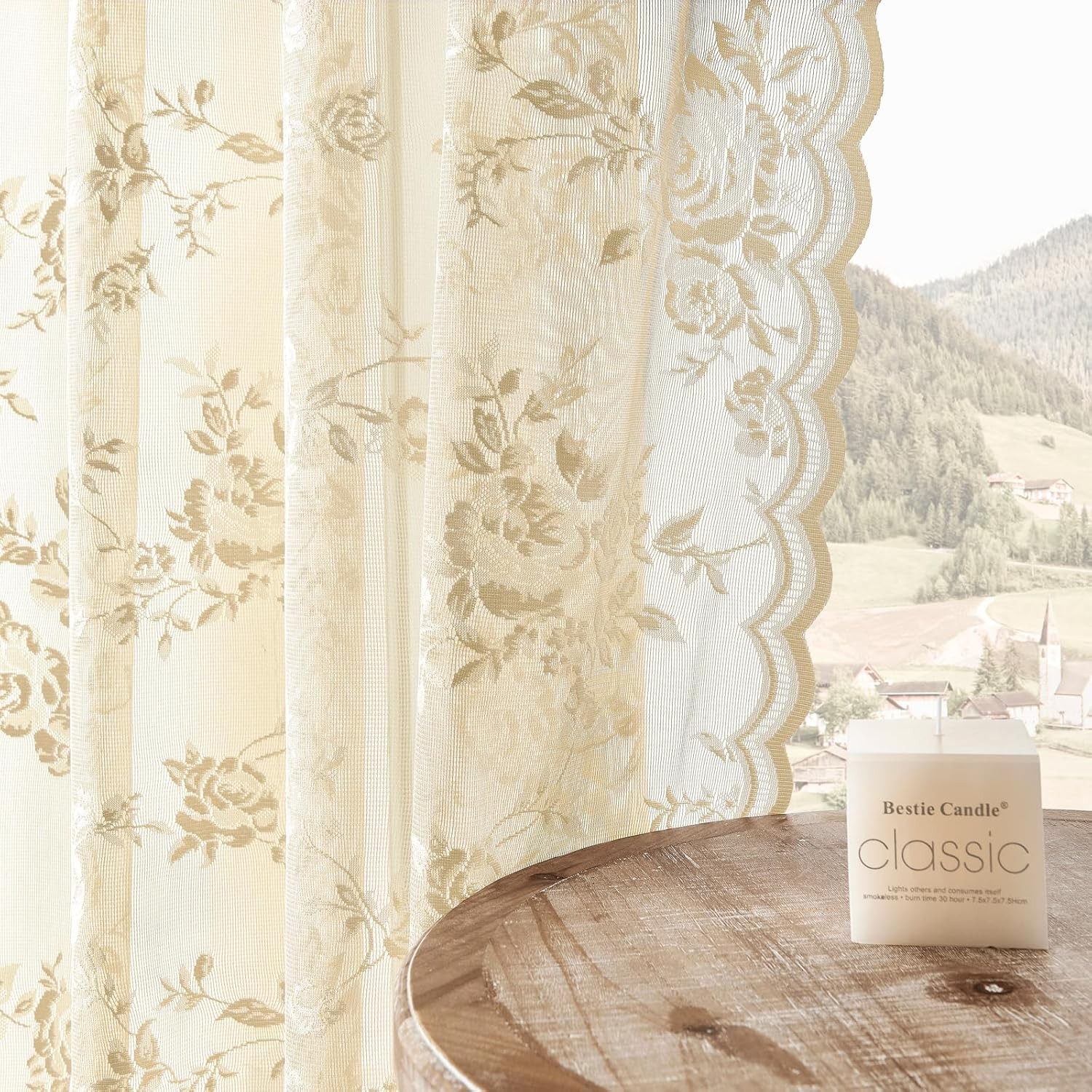 Lace Curtains 84 Inches Long Victorian Floral 52″W x 84″L (Pack of 2) Beige