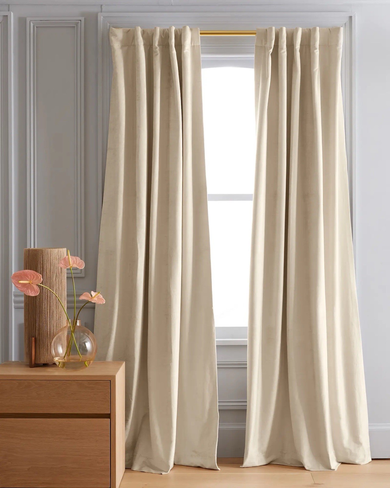 NWT Quince Luster Velvet Curtain Panel Champagne 48” X 96” Room Darkening