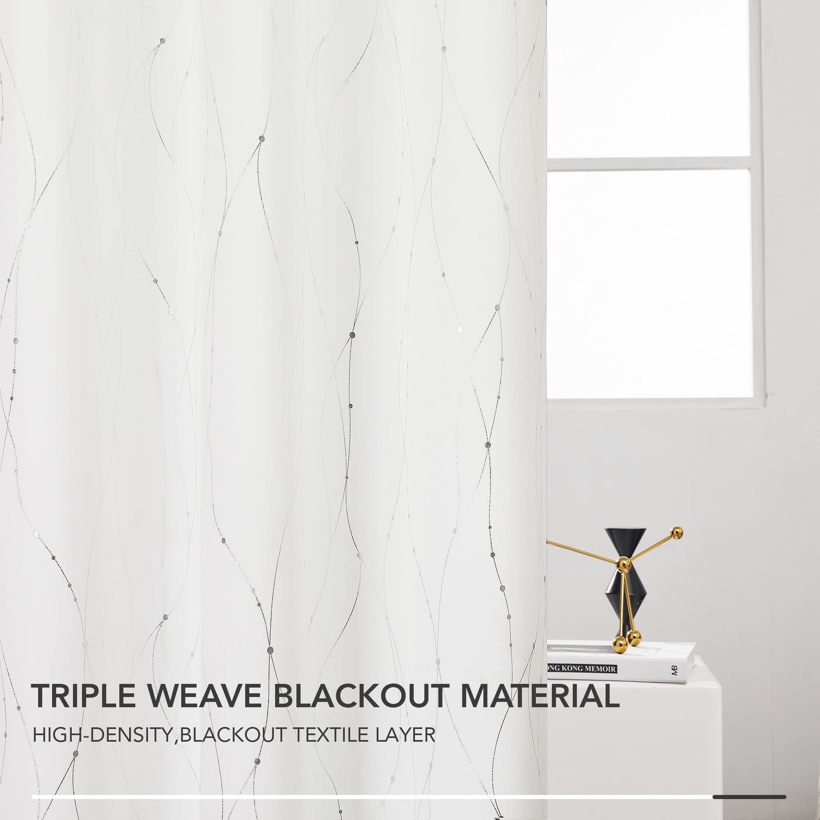 Room Darkening Curtains, Pure White Thermal Grommet Drapes, Silver Wave Dots …
