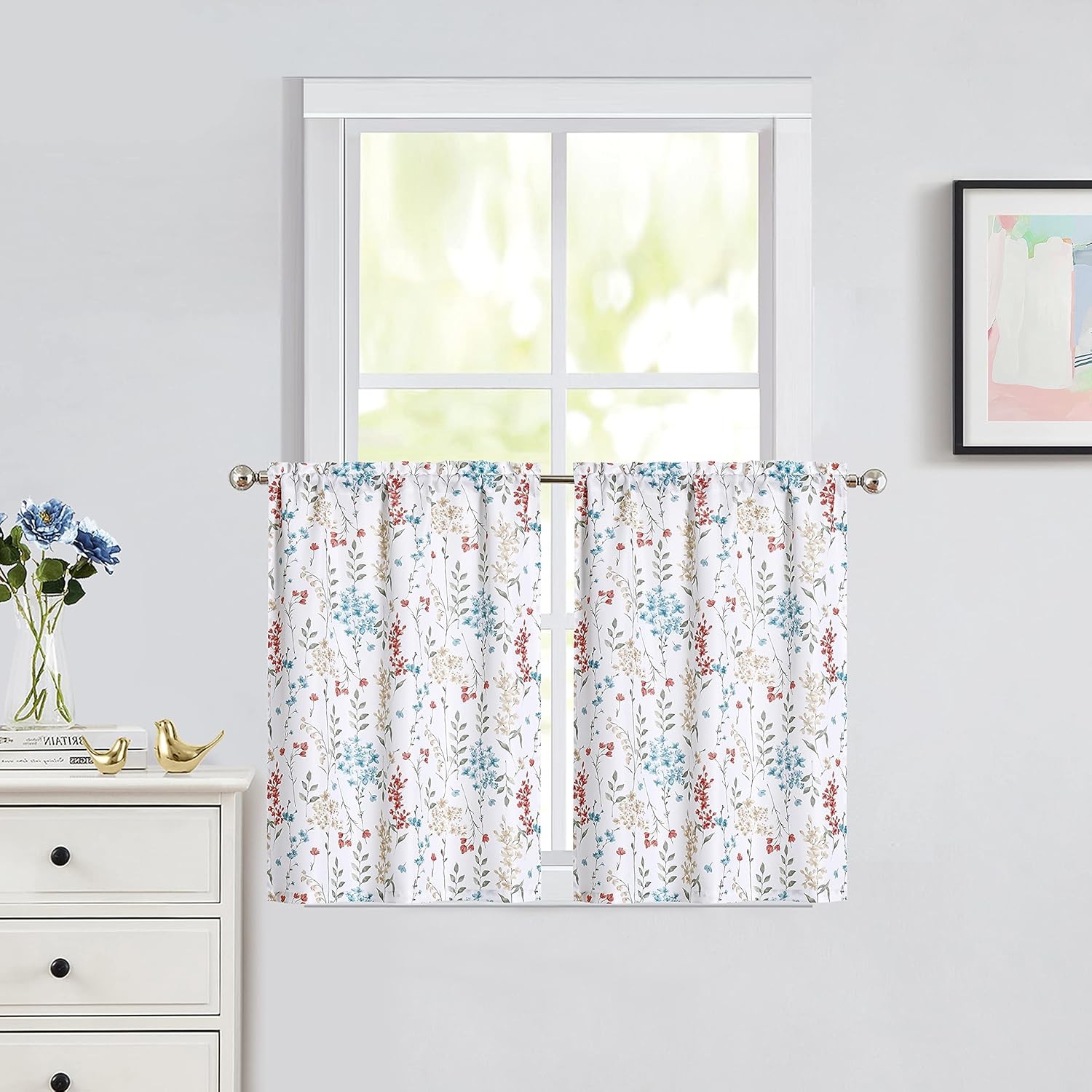 Watercolor Floral Cafe Curtains 36 Inches Length Flower Printed Pattern