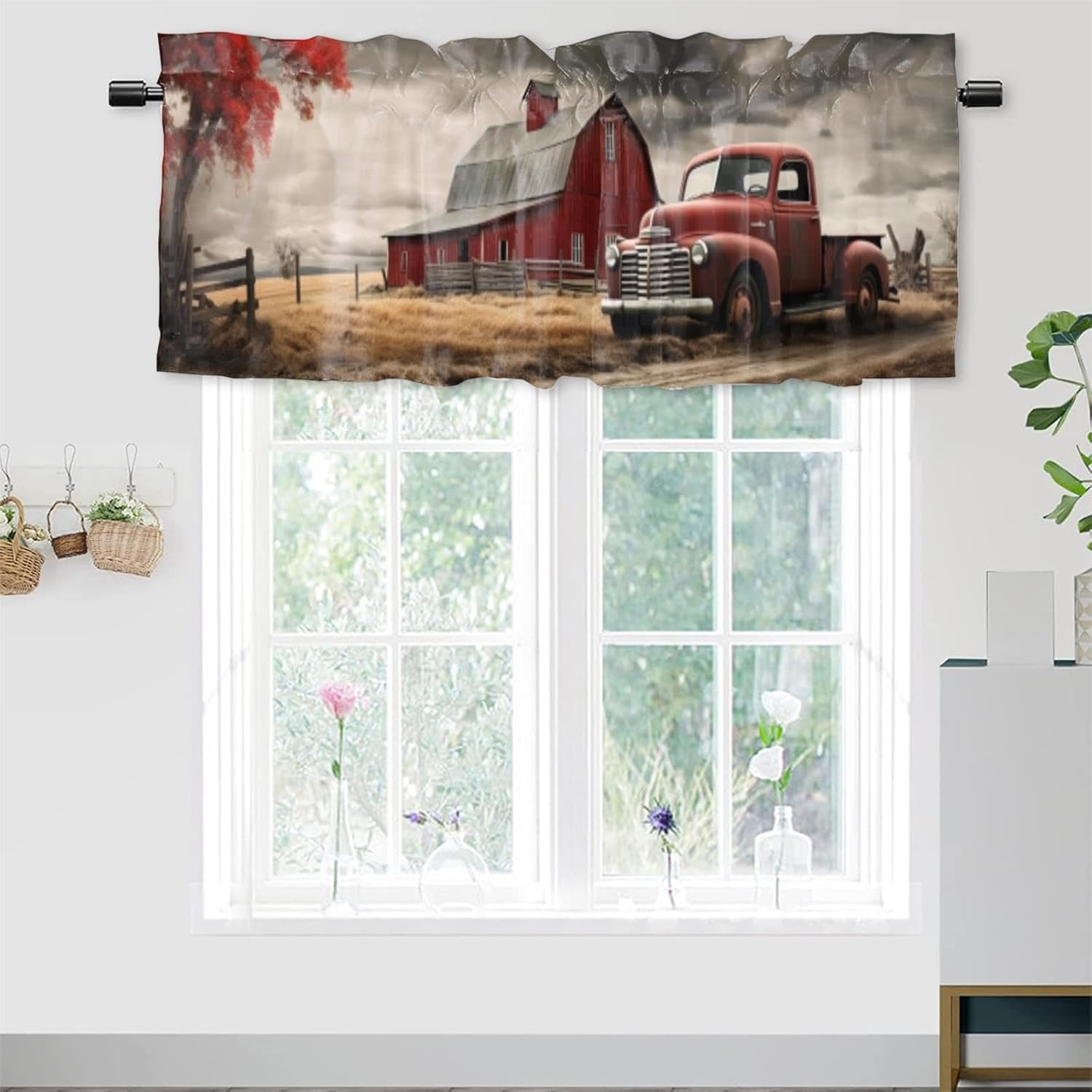 Vintage Red Truck Blackout Valance Curtain for Kitchen Farmhouse Old Barn Rustic