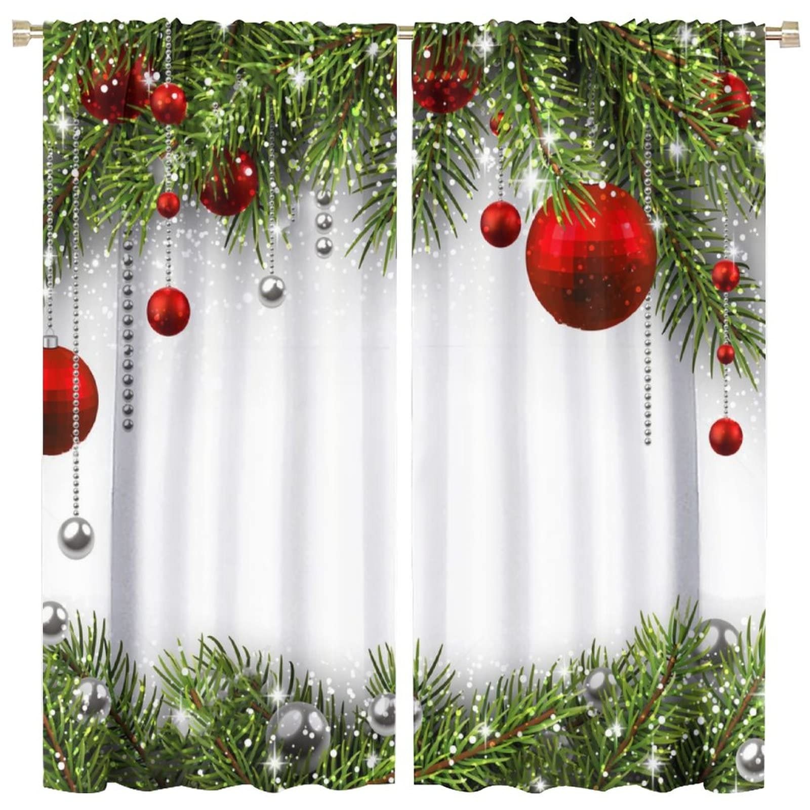 Merry Christmas Curtains Balls with Pine Fir Tree Holiday Season Window Drapes