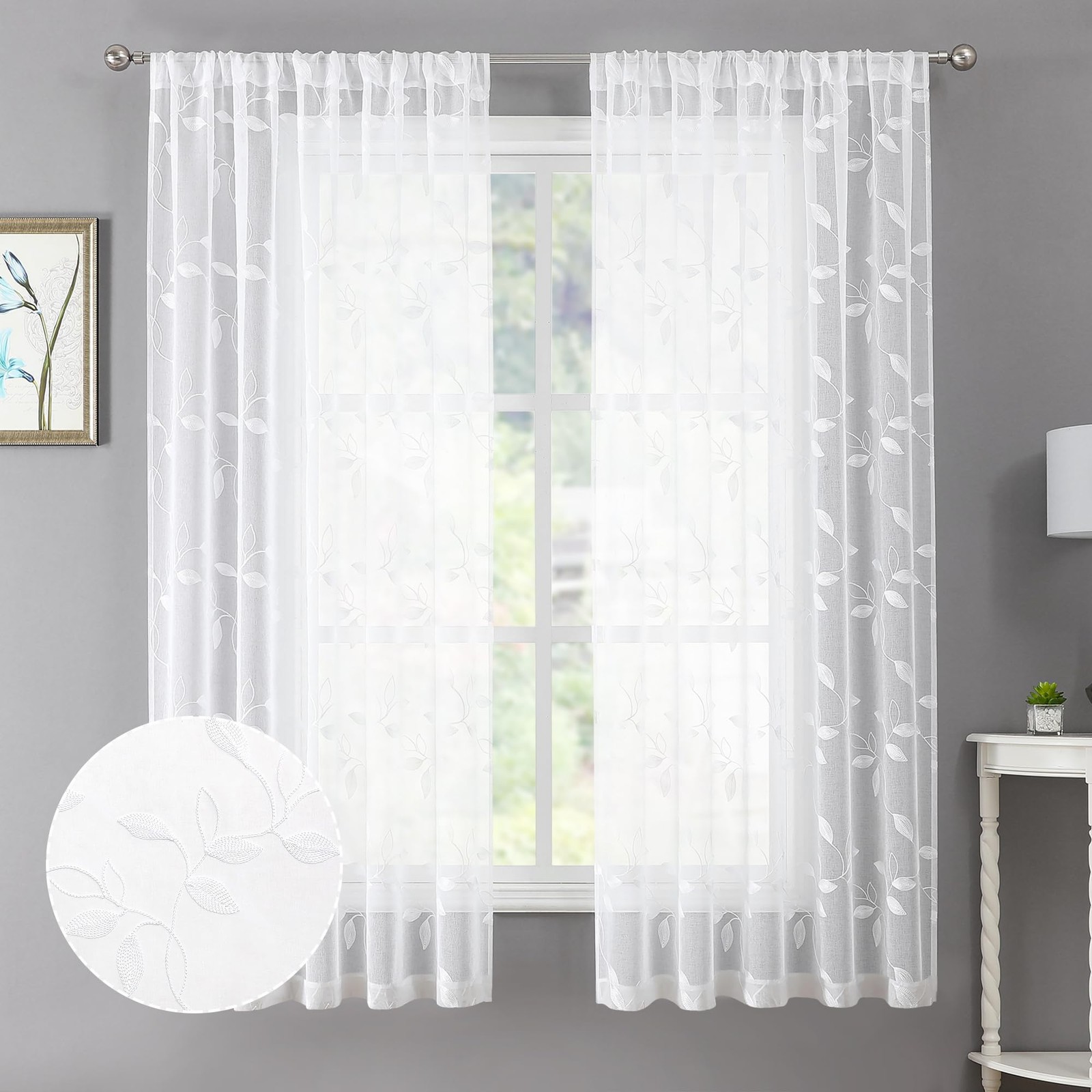 White Leaf Sheer Curtain Leaves Embroidered Bedroom Curtains Rod Pocket Voile…