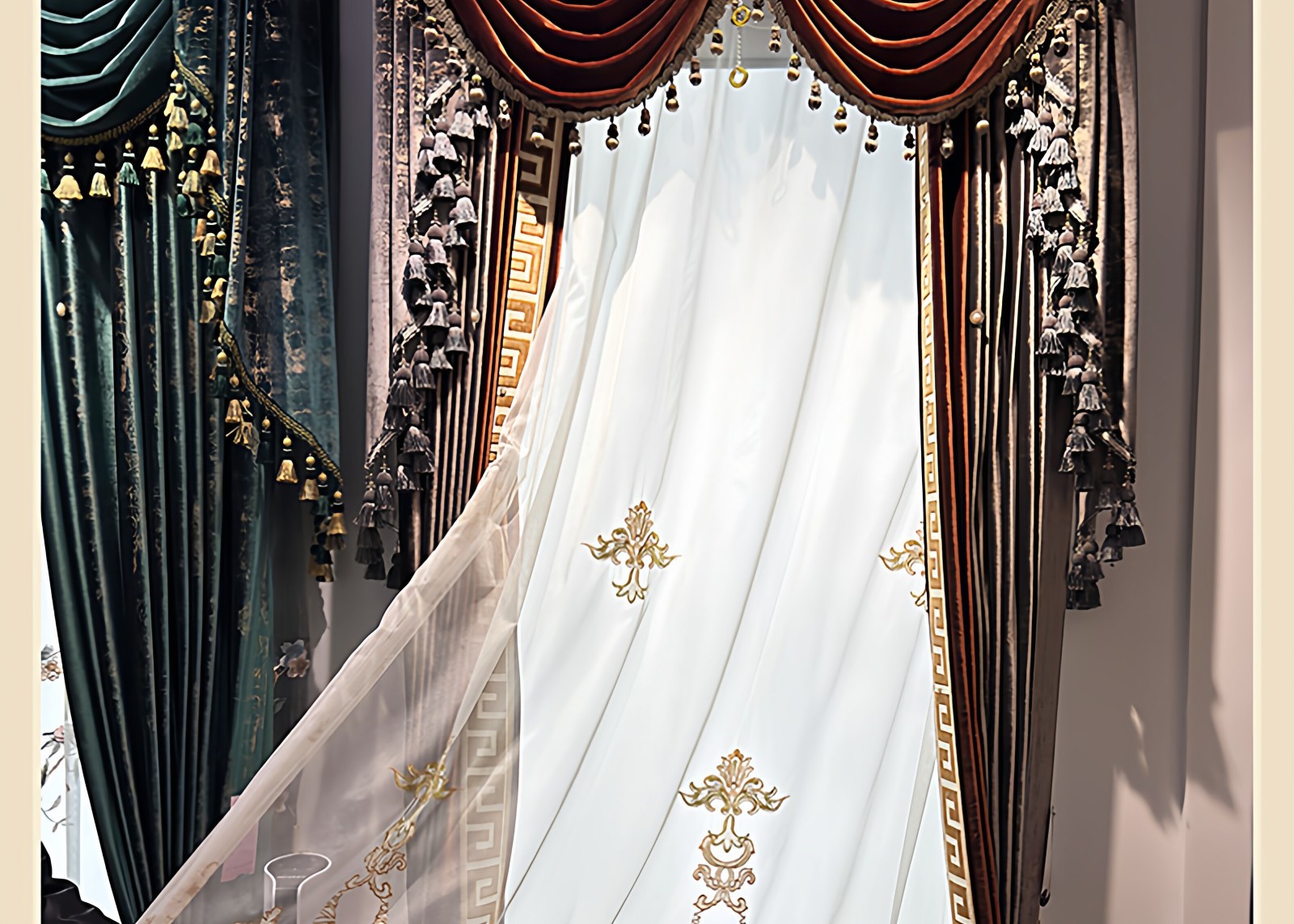 velvet luxury bronzing European fabric embroider valance curtain tulle M1914