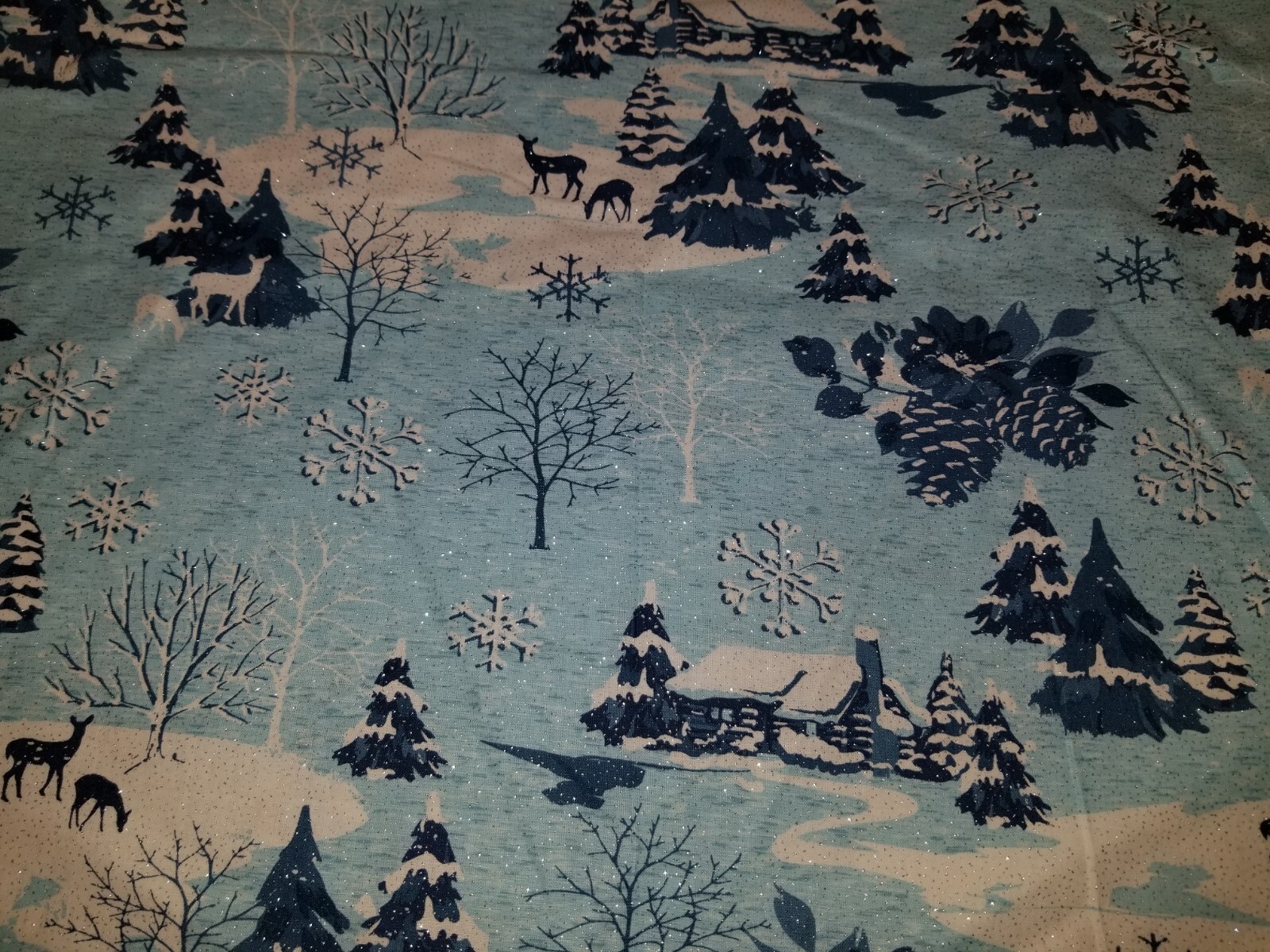 LINED WINDOW VALANCE CURTAIN 42 X 15 CHRISTMAS WINTER SCENE GLITTER DEER POND