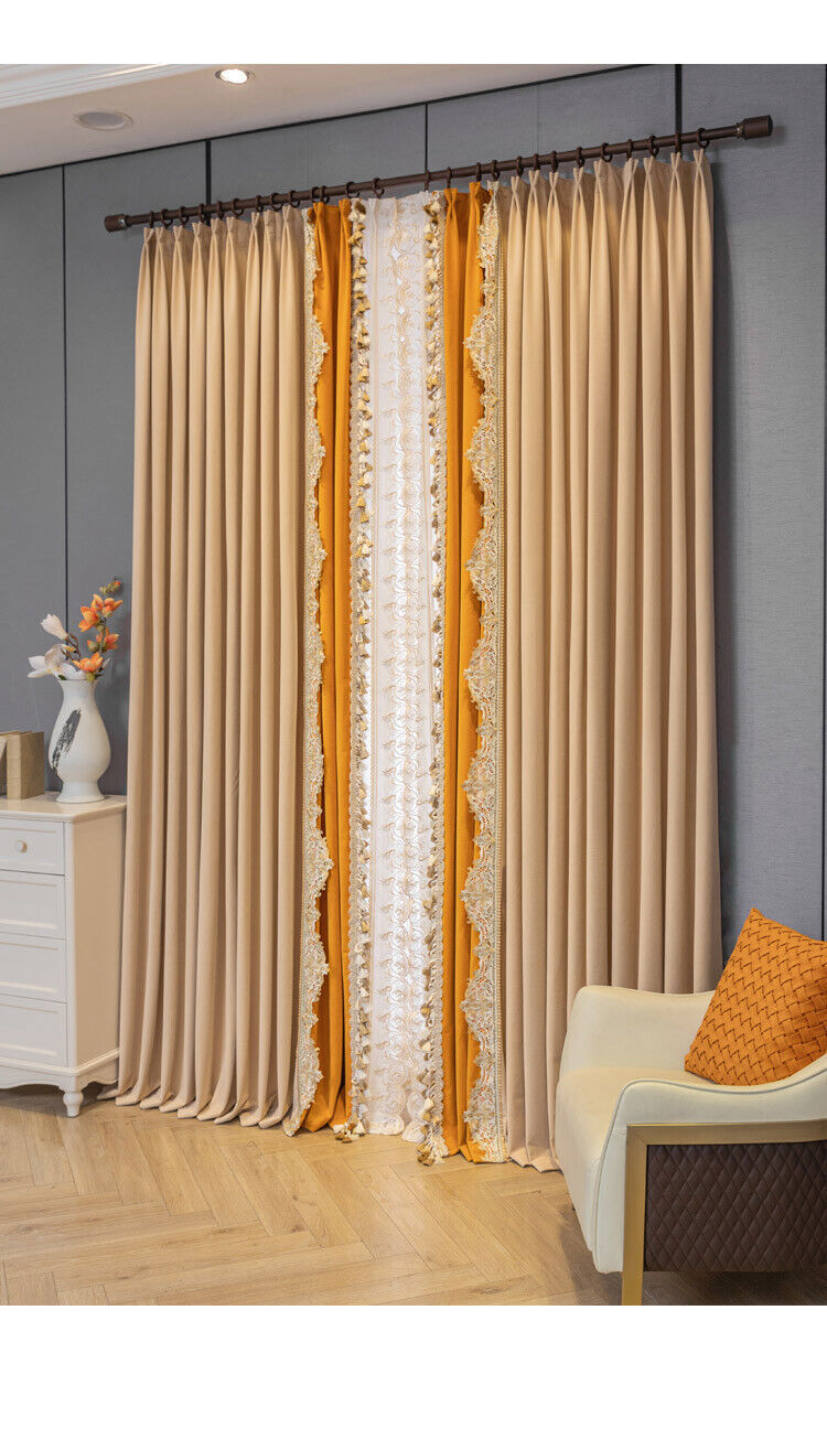 high grade thick beige match orange villa velvet cloth curtain tulle drape C1229