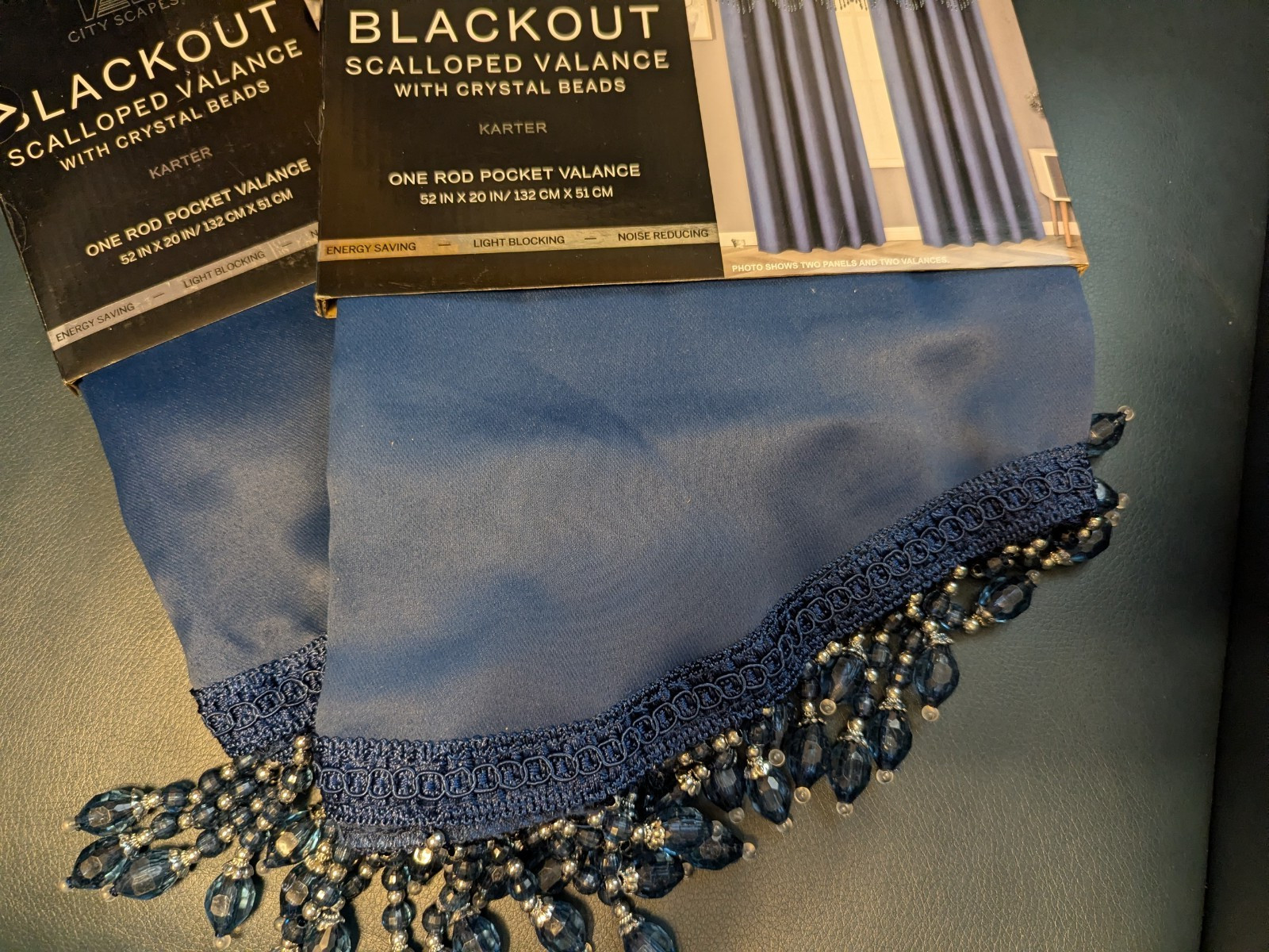 Luxury Navy Blue Scallop Valance with Gorgeous Heavy Beaded Trim