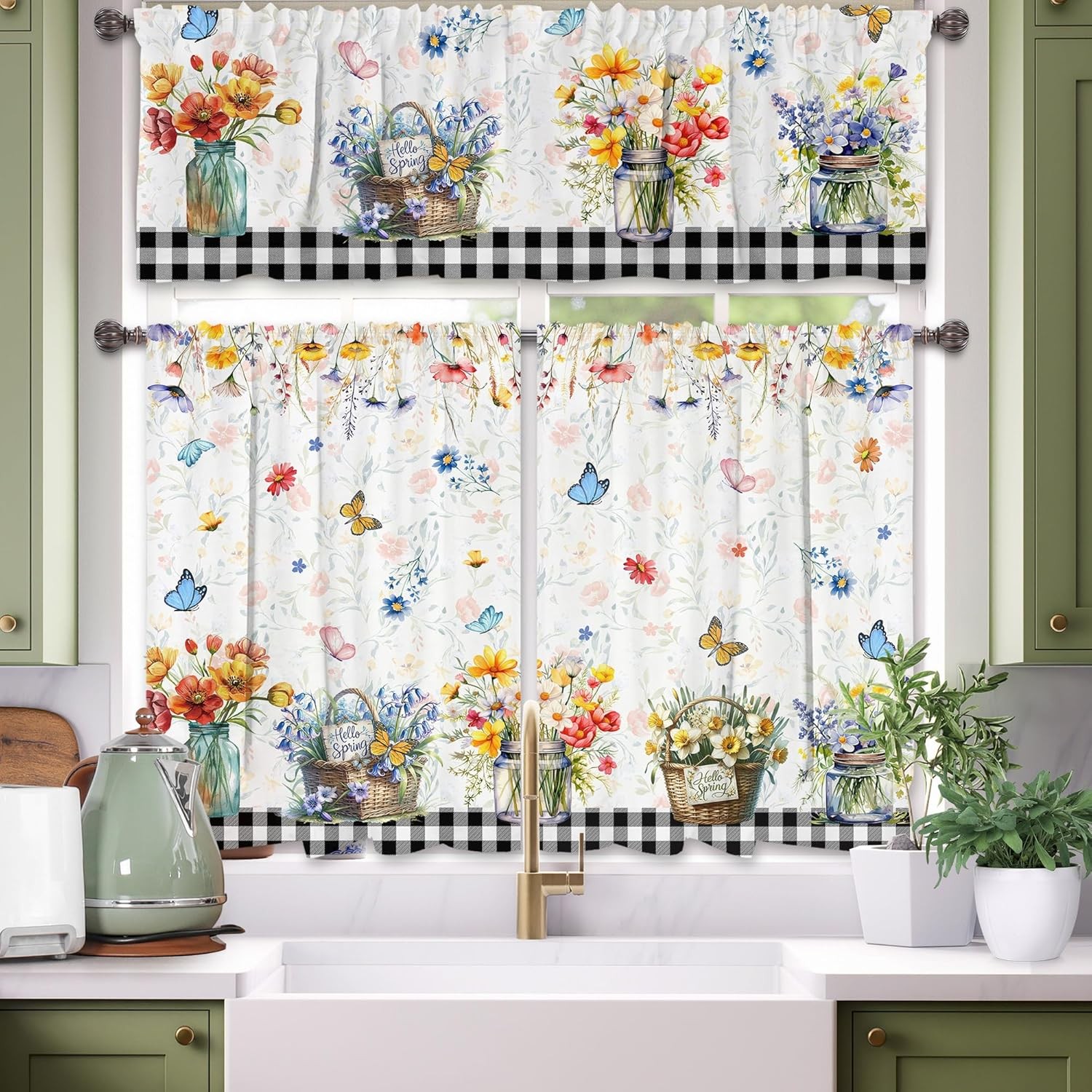3 Piece Spring Kitchen Curtains and valances Set, Random 2 Styles Summer Floral