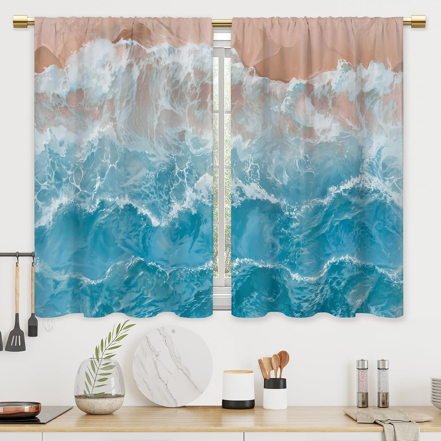 Blue Ocean Wave Bathroom Curtains Window Treatment Drapes Tier Sea Coastal Beach