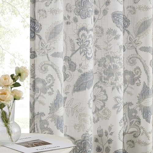Backtab Rod Pocket Jacobean Floral Semi 52″W x 84″L (Pack of 2) Blue Grey