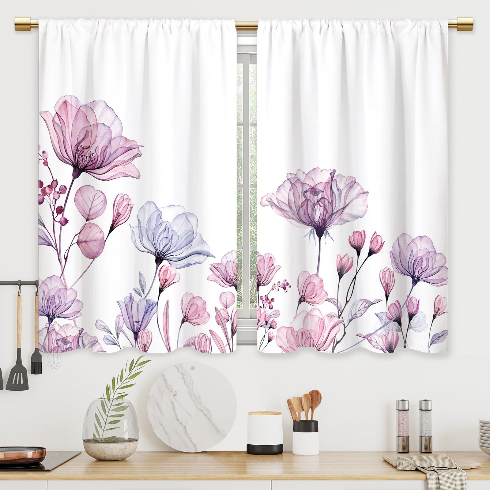 Watercolor Pink Flower Kitchen Curtains Floral Plant Bathroom Curtains Window…