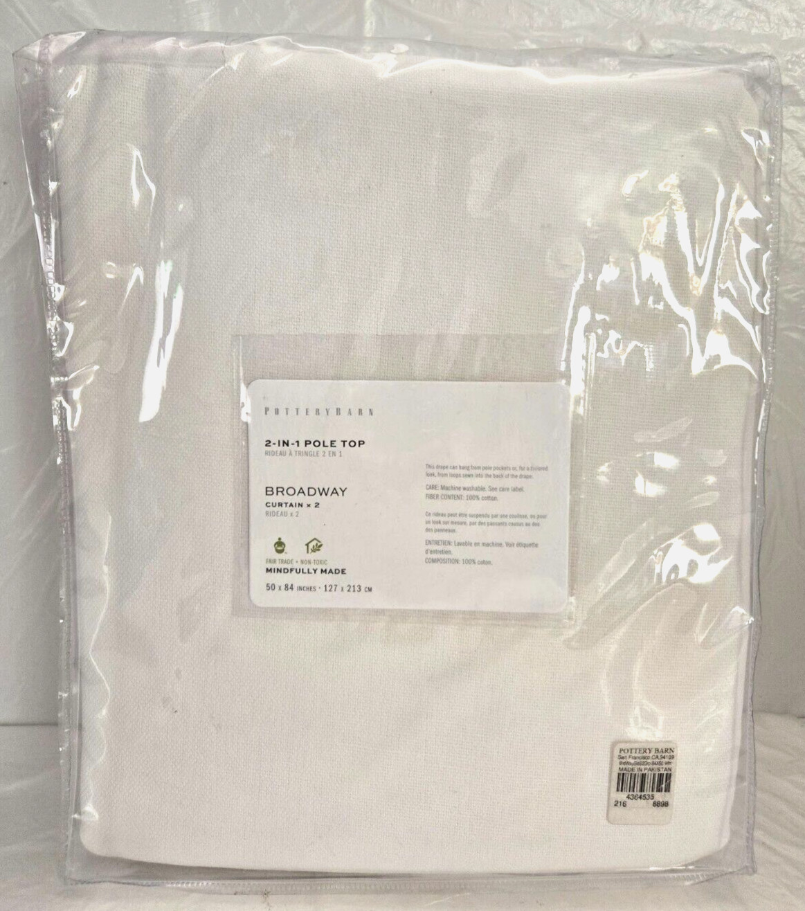 Pottery Barn 2-in-1 Pole Top Broadway 2-Curtains 50″ x 84″ White