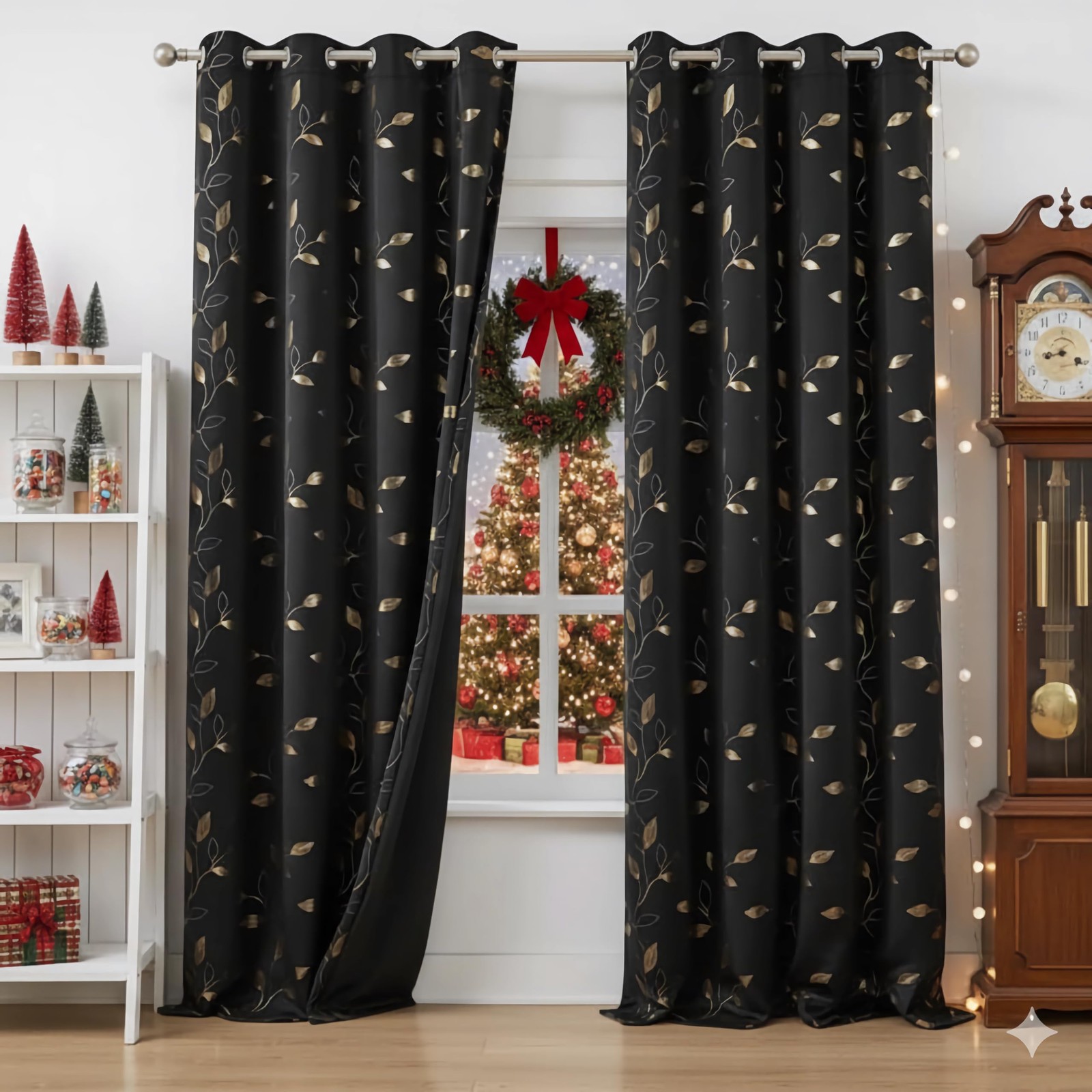 Gold Black Full Blackout Curtains Print Golden Leaf Patterned Room Darkening …