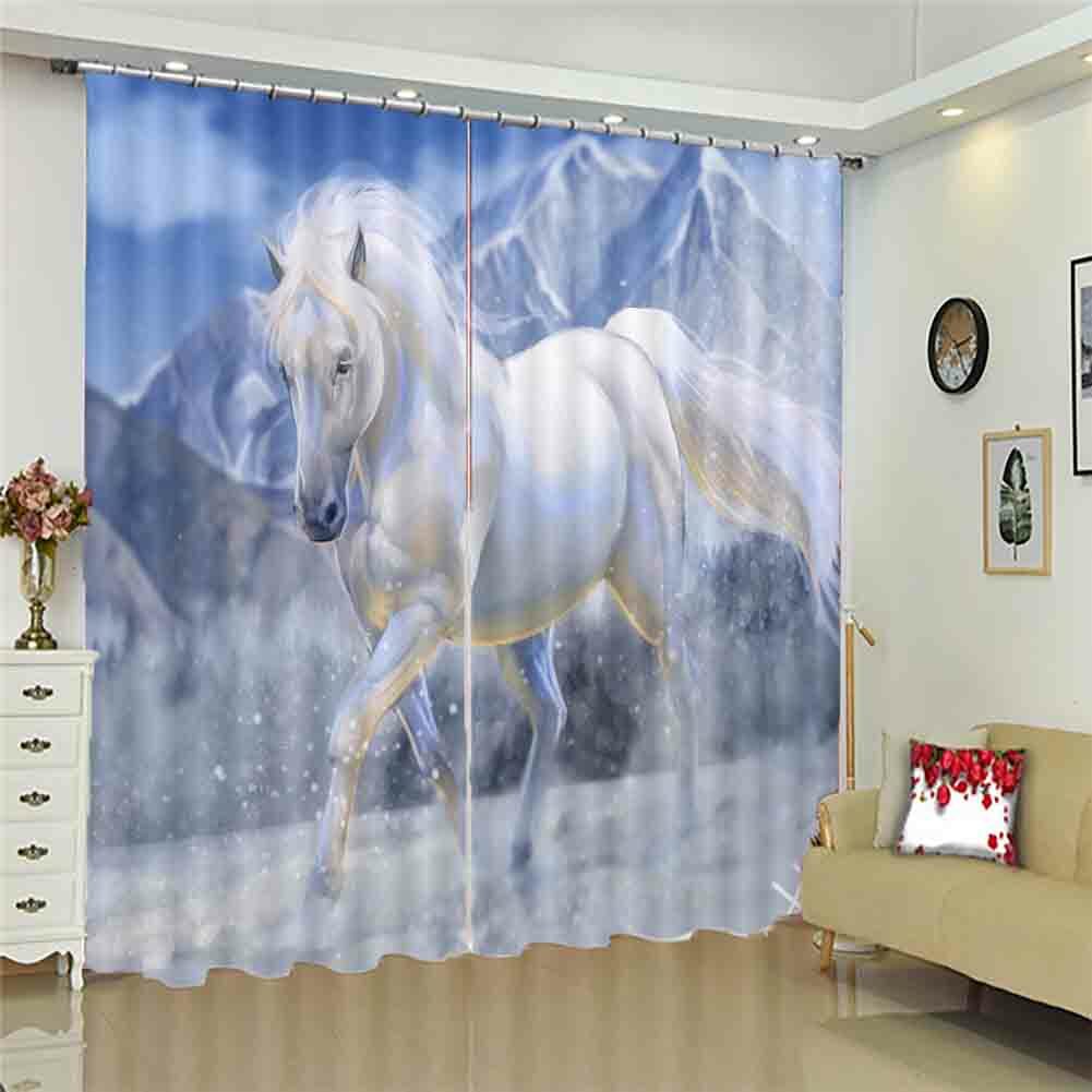 White Galloping Horse 3D Curtain Blockout Photo Printing Curtains Drape Fabric