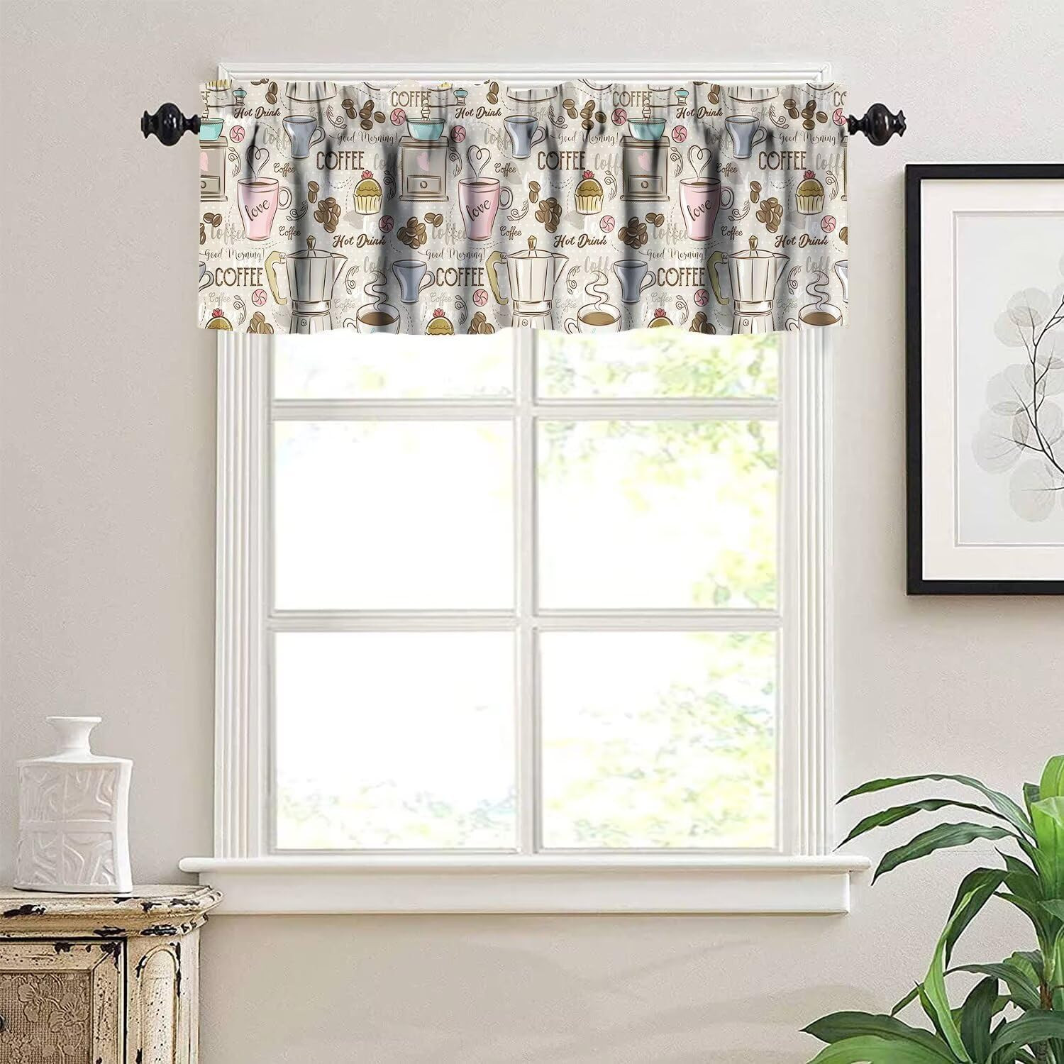 Modern Coffee Valance Curtain Vintage Espresso Machine Cupcakes Beans Design, Ro