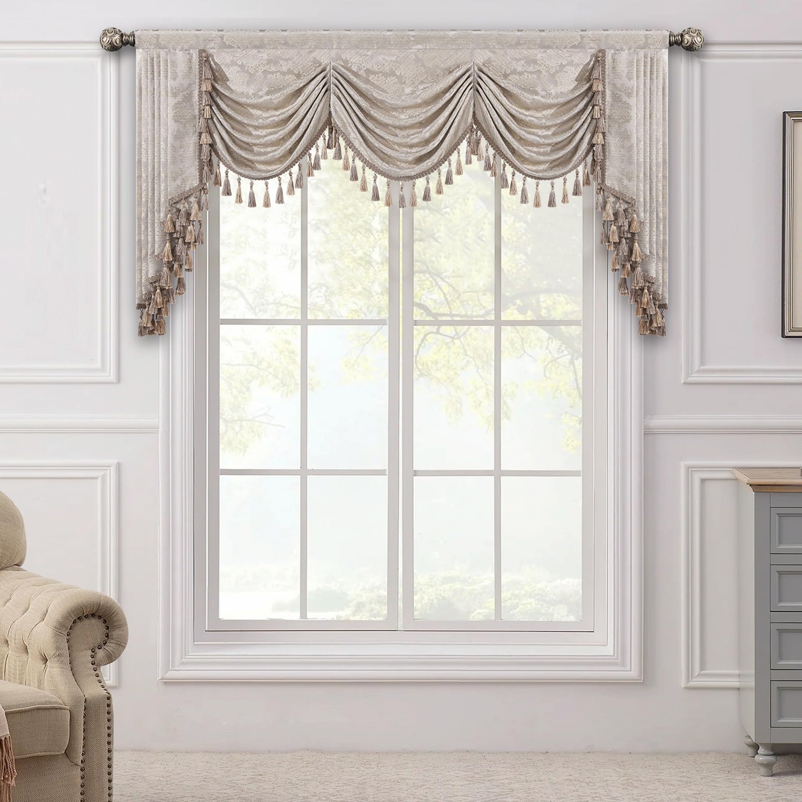 Swag Valance Curtain for Bedroom Dining Room Living Room Kitchen, Damask Short…