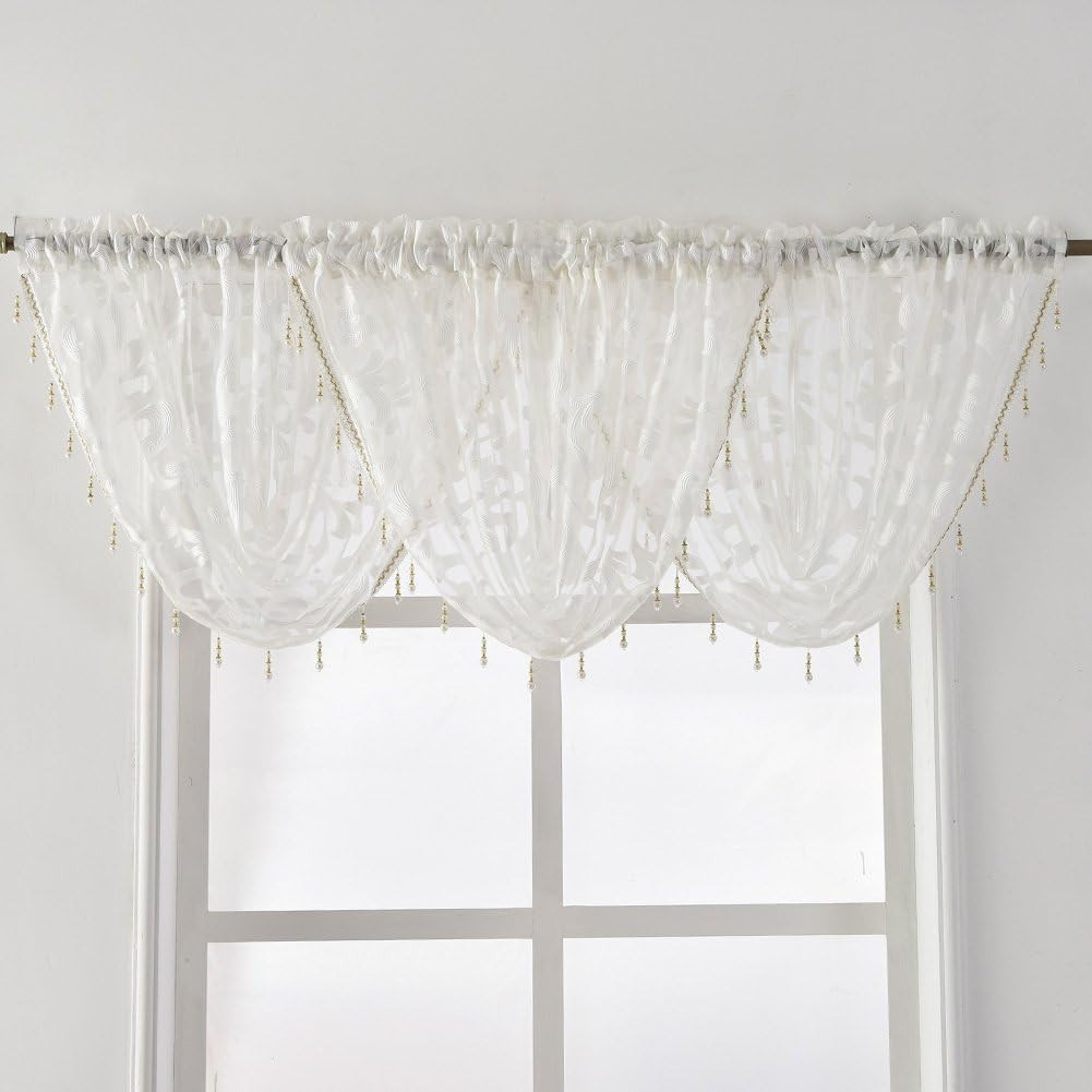 Elegant White Organza Waterfall Valance with Beaded Tassel Trim, 40 x 17 Inch