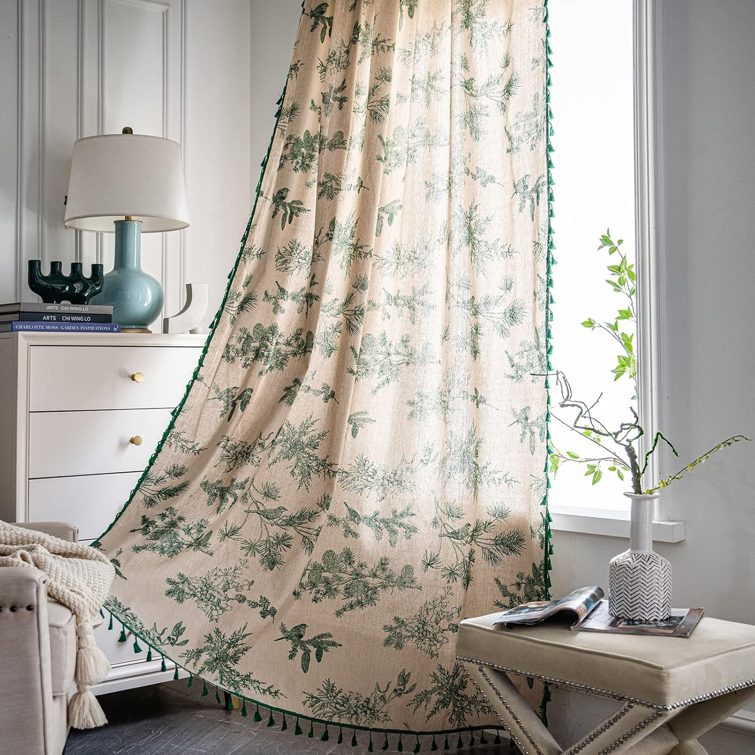 Boho Floral Tassel Curtains – 84″ Semi-Blackout Drapes for Living Room/Bedroom