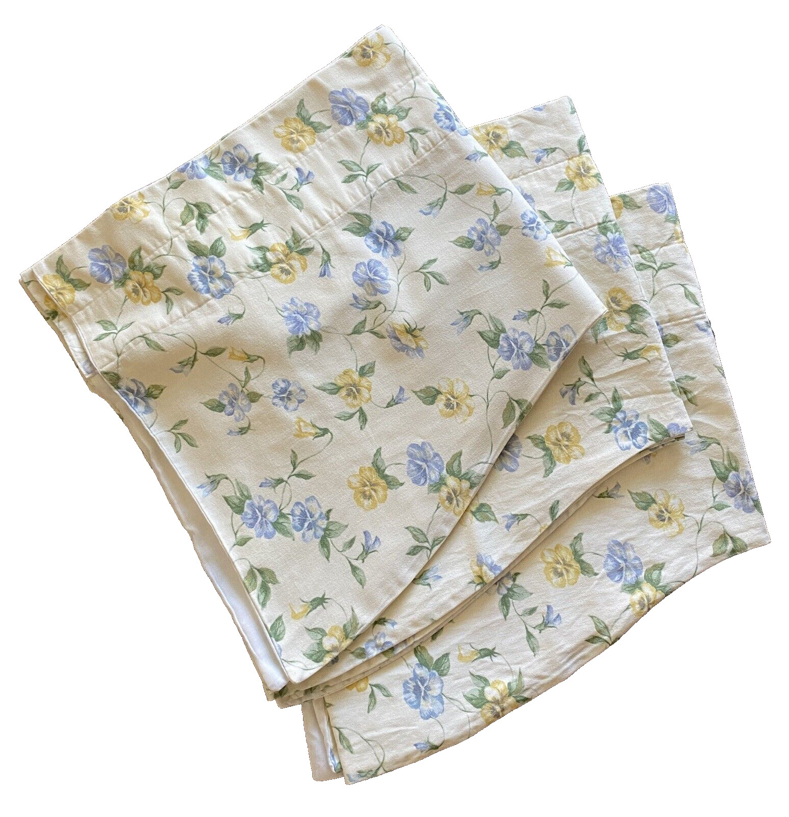 Set/3 lined scalloped valances 72″ x 19″ pale yellow pansies floral country farm