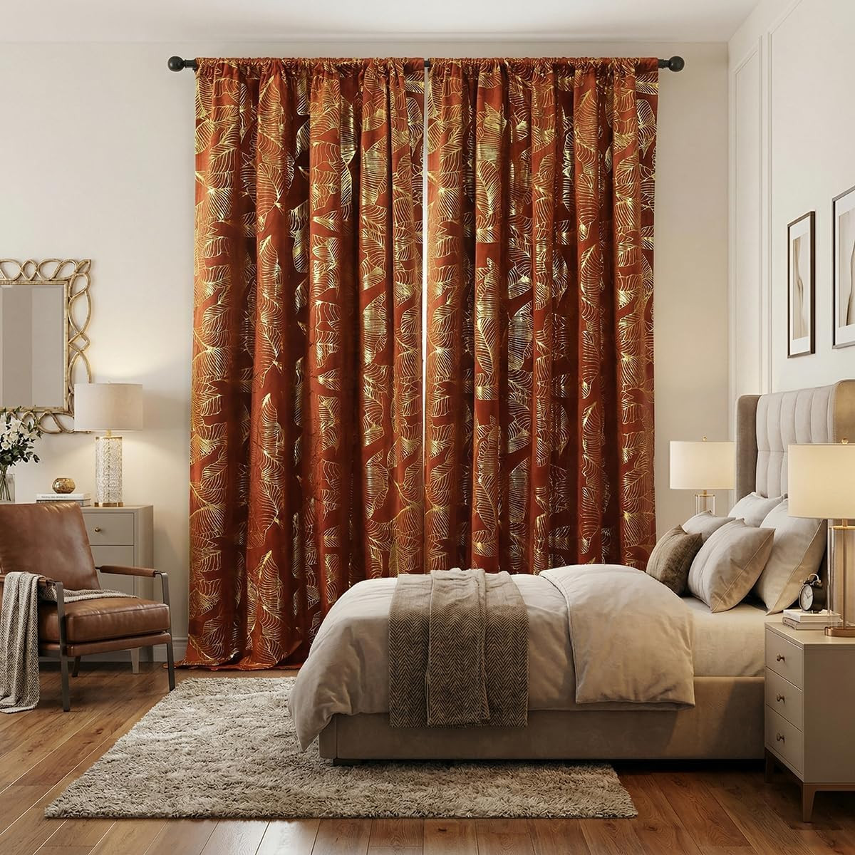 Elegant Burnt Orange Velvet Curtains with Gold Foil Print – 84″ Long, 2 Panels