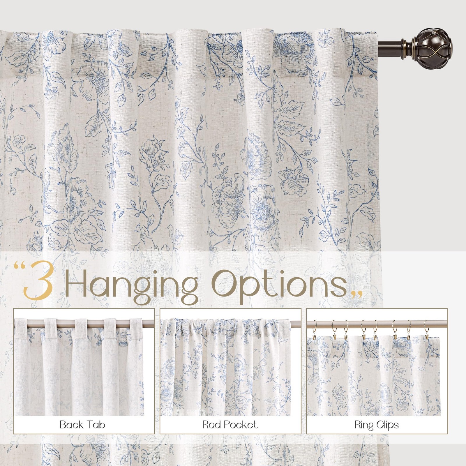 Meikelor Blue Floral Curtains 72 Inch Length Back Tab Farmhouser Living Room