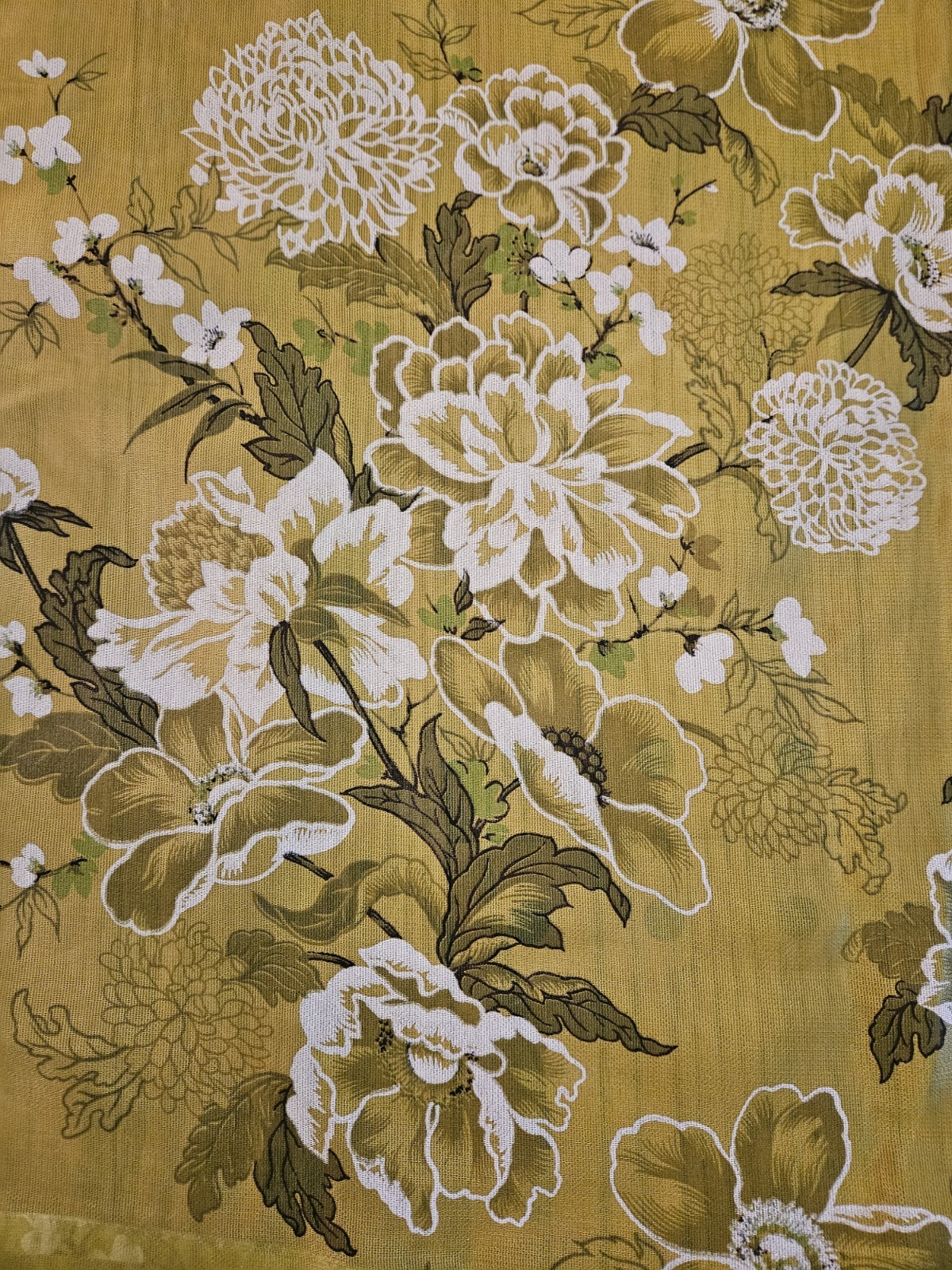 Vtg 70s Green Floral 11″x70″ Polyester? Sheer Rod Top Curtain Valance Panels (2)