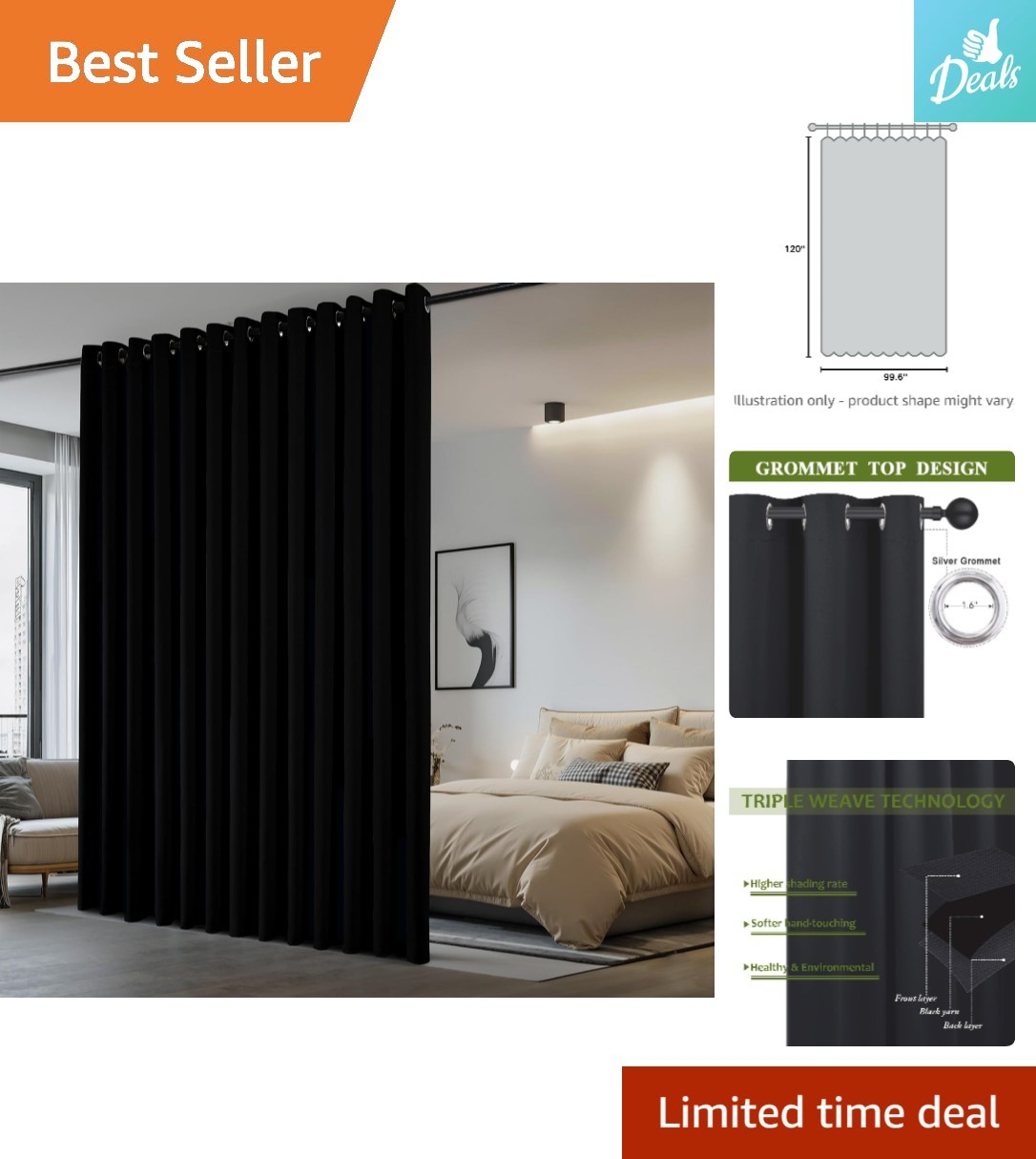 Portable Black Room Divider Curtain – 8.3ft Wide, Soundproof Privacy Solution