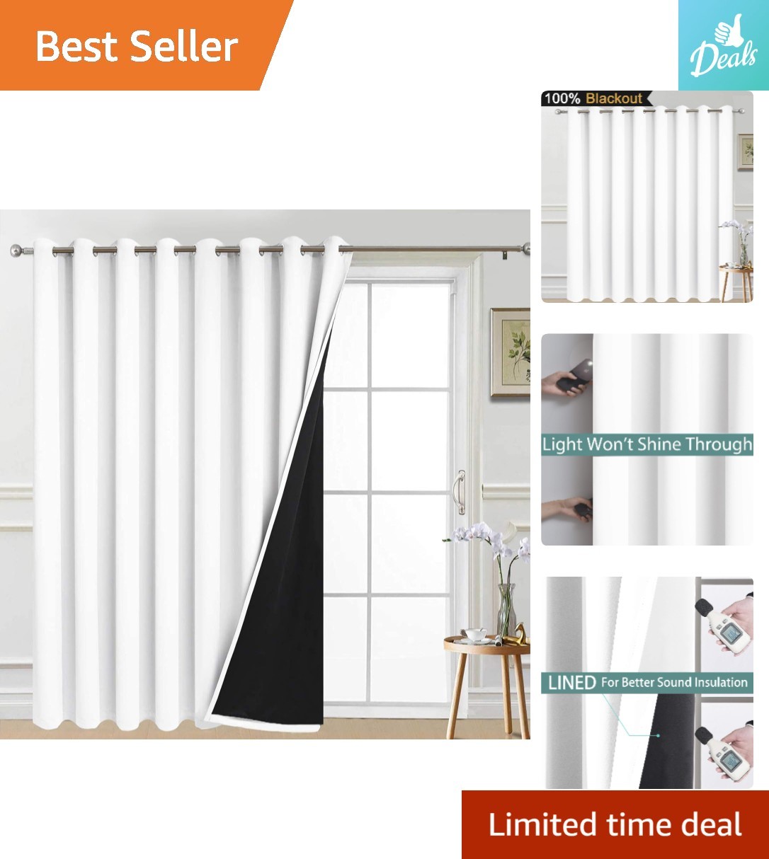 Extra Wide 100% Blackout Thermal Curtains, Pure White, W100 x L84 for Elegance