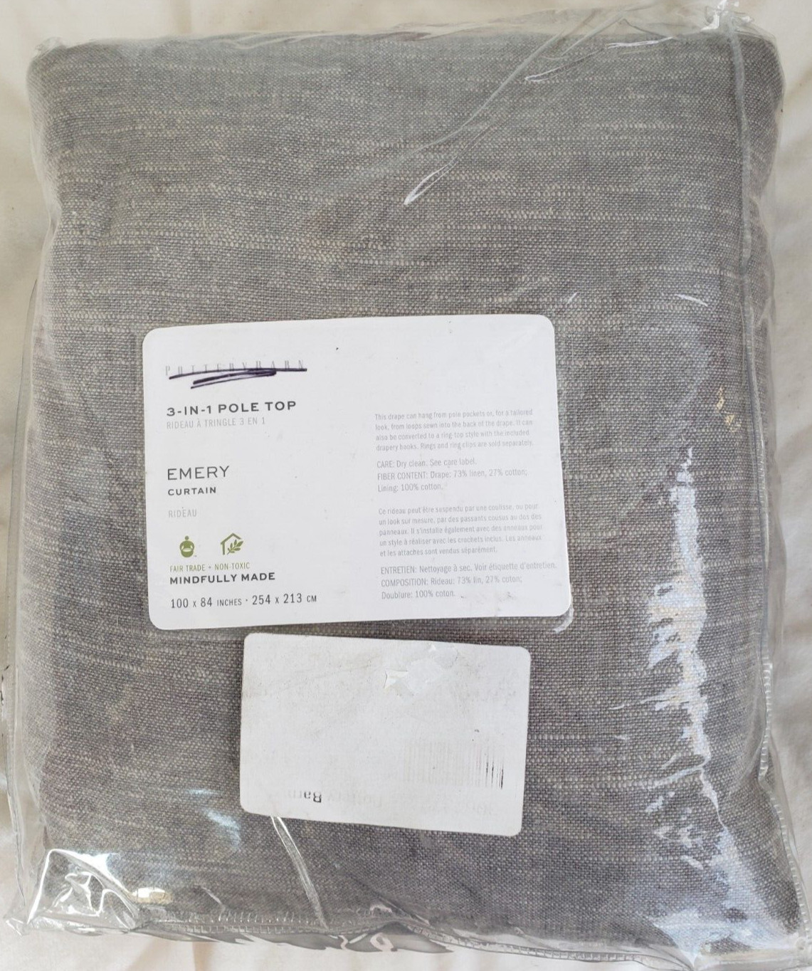 Pottery Barn Emery 3-in-1 Poletop Curtain-100″x84″-GREY-NIP-Open Box