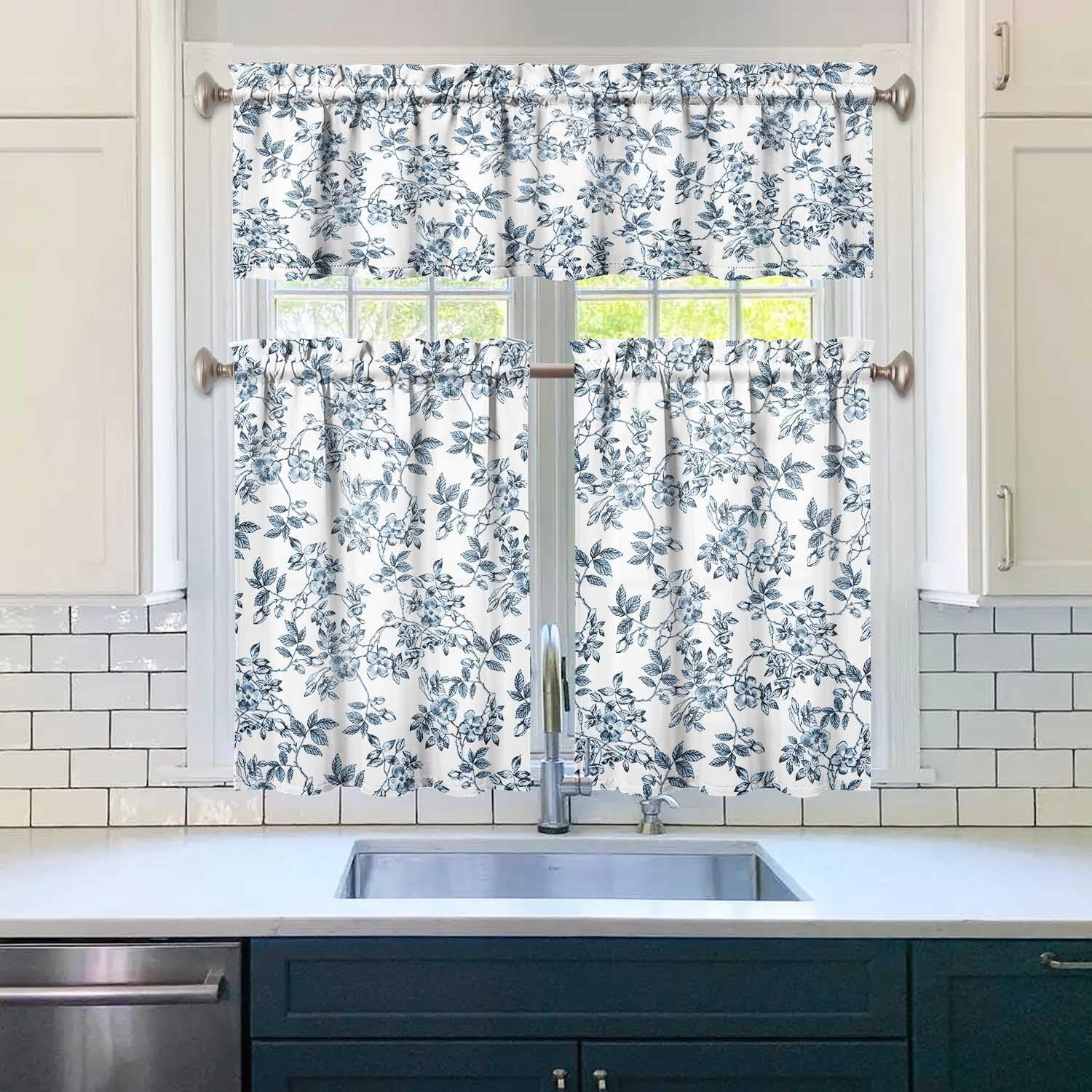 Blue Floral French Farmhouse Kitchen Curtains 36 Inch Length，Durable Leaves C…