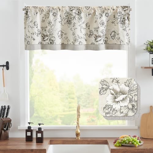 Polyester Blend Valance Curtain 50″W x 16″L (Pack of 1) Floral Black on Beige