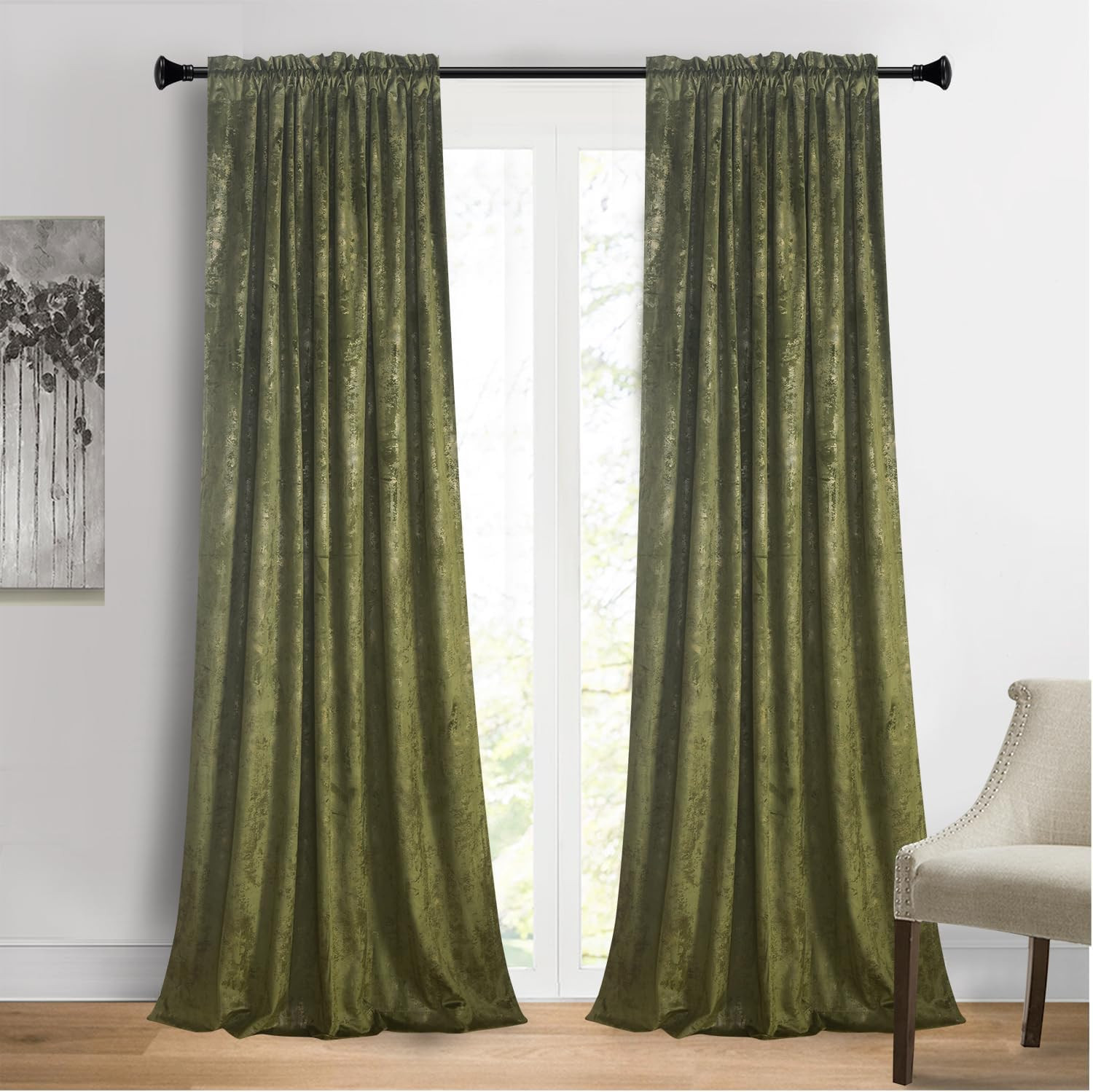 Luxury Gold Foil Print Moss Green Velvet Curtains 63 Inches Long Rod
