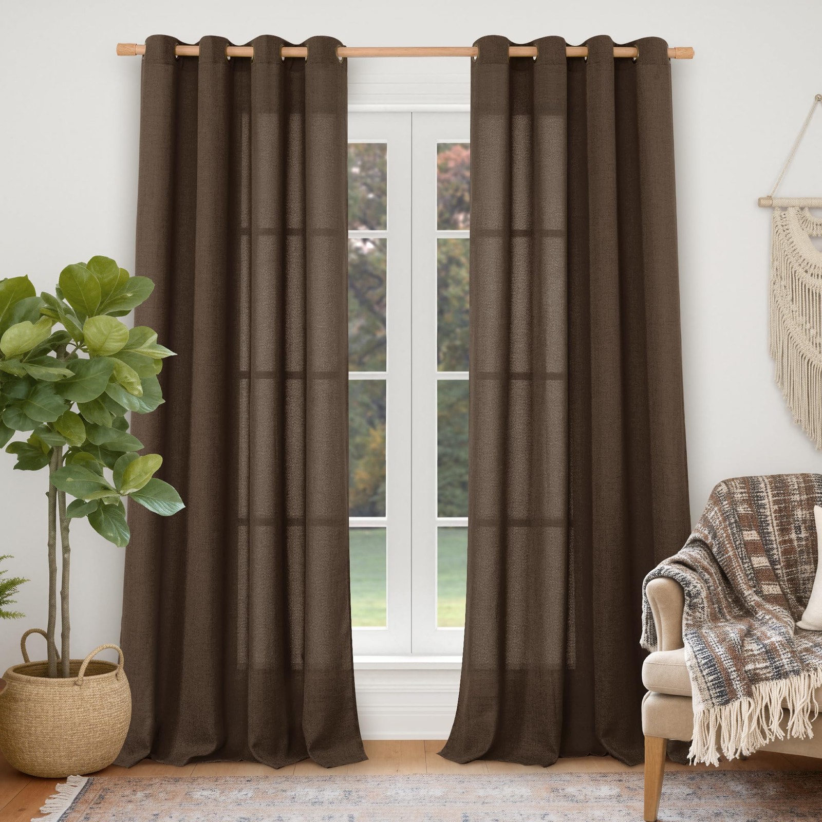 Brown Curtains 84 Inch Length for Living Room, Dark Chocolate Linen Semi Shee…