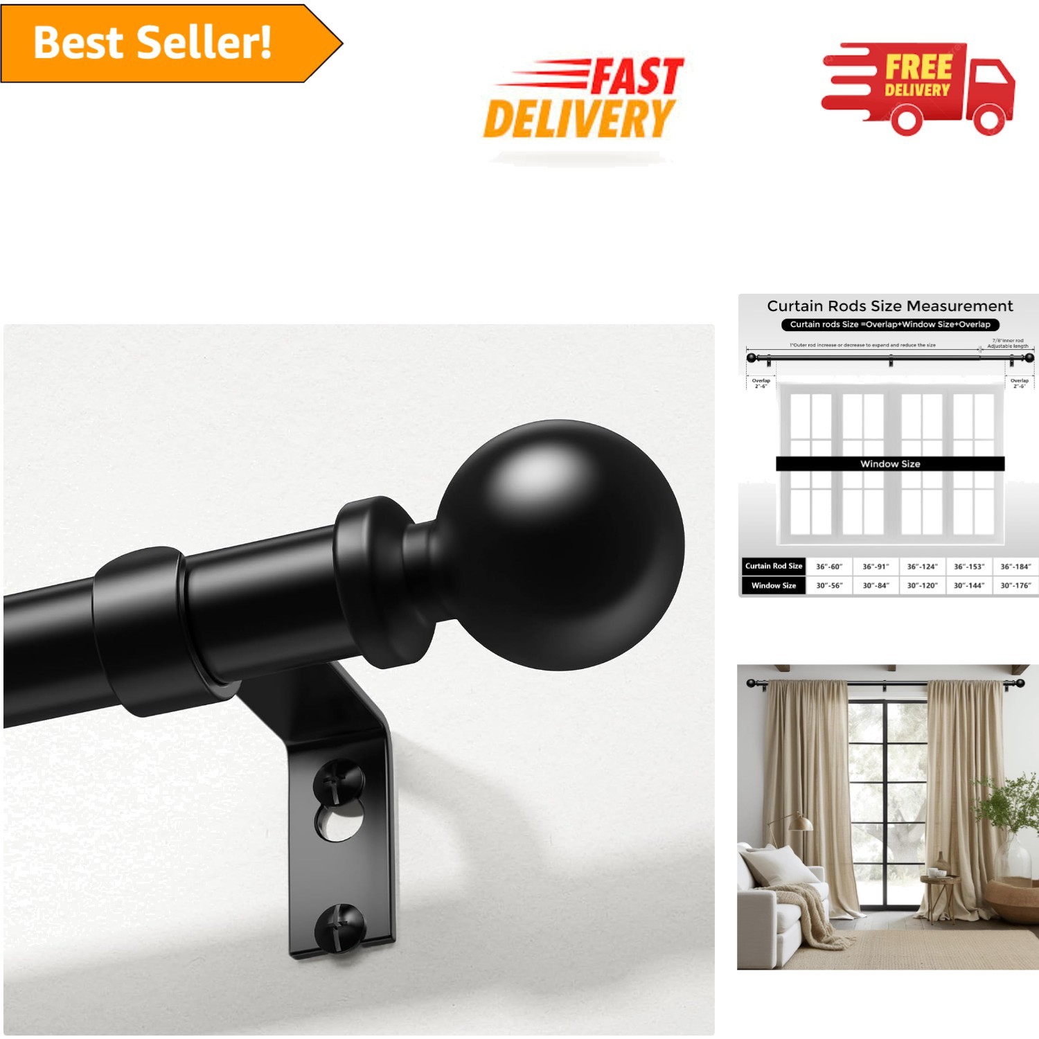 Versatile Black Adjustable Curtain Rod 36-91» – Perfect for All Curtain Types