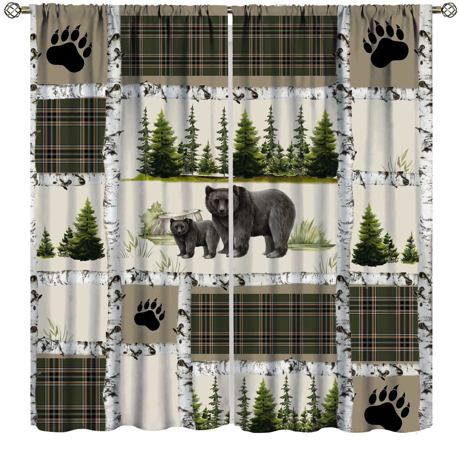 Vintage Bear Country Bedroom Window Curtains, Woodland Wildlife Paw Print Dri…