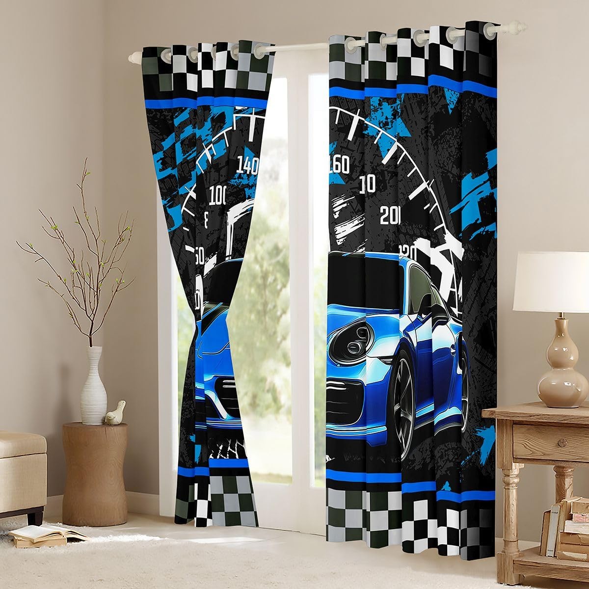 Blue Race Car Curtains Sports Car Window Drapes for Boys Sports Window Treatm…