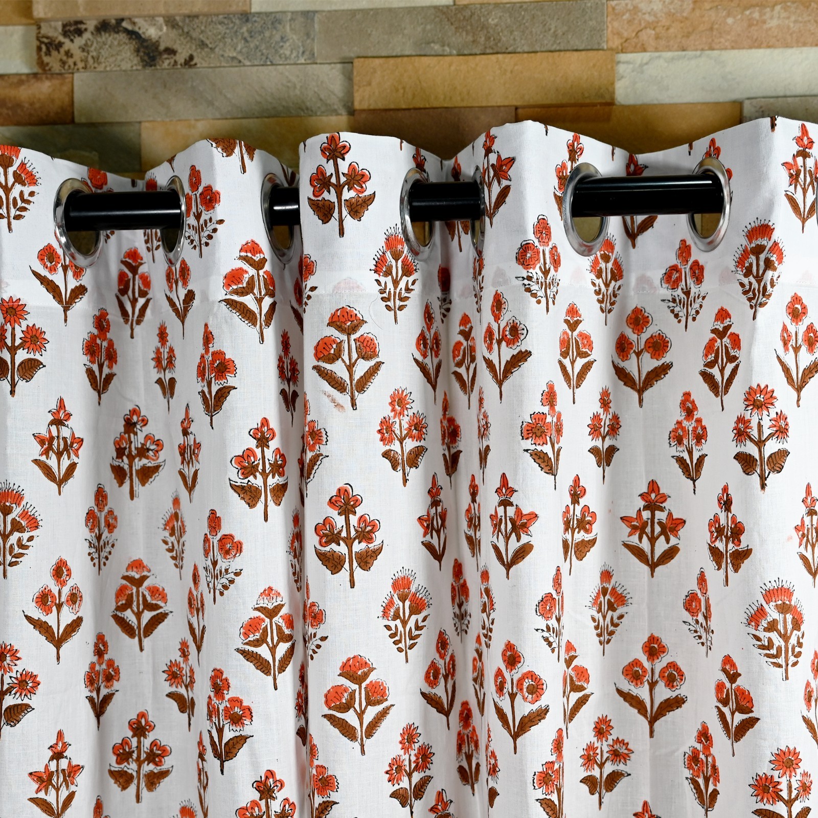 Flower block Print Curtain Panels Set of 2 Indian Cotton window Curtains