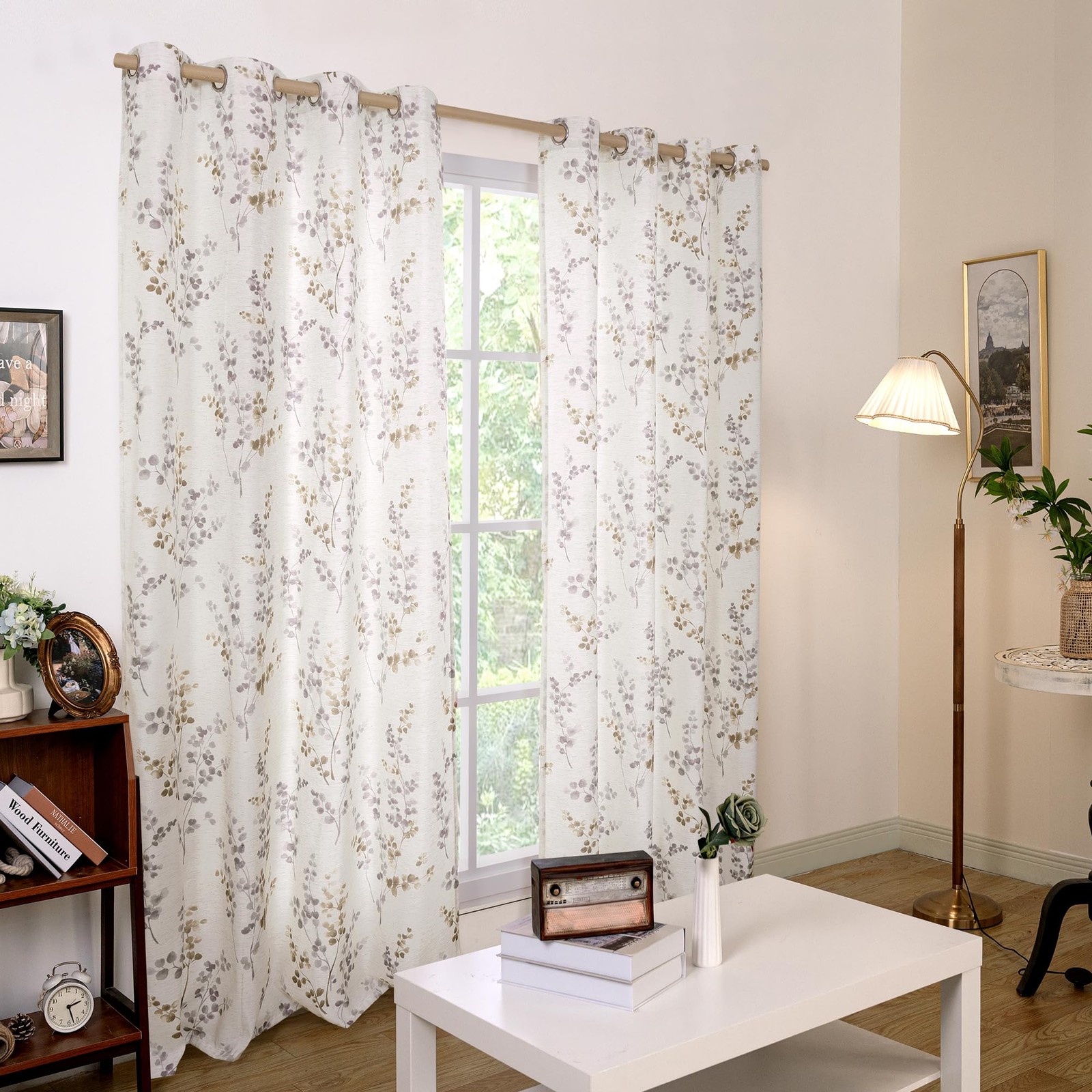 Linen Curtains for Living Room 84 Inch Length 2 Panels Set Floral Leaf Patter…