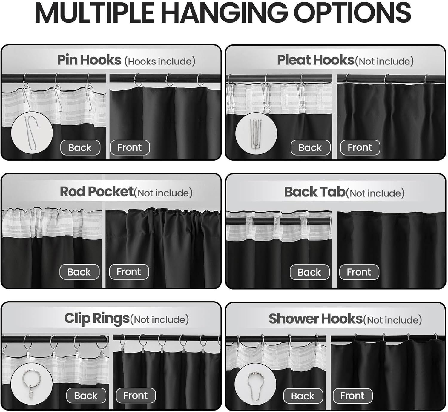Black Thermal Insulated Blackout Curtains 63 Inches Long – Back Tab Top and Rod