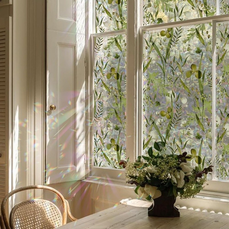 Rainbow Window Film Static Cling Nature Leaf Pattern Sunlight Privacy Decor New