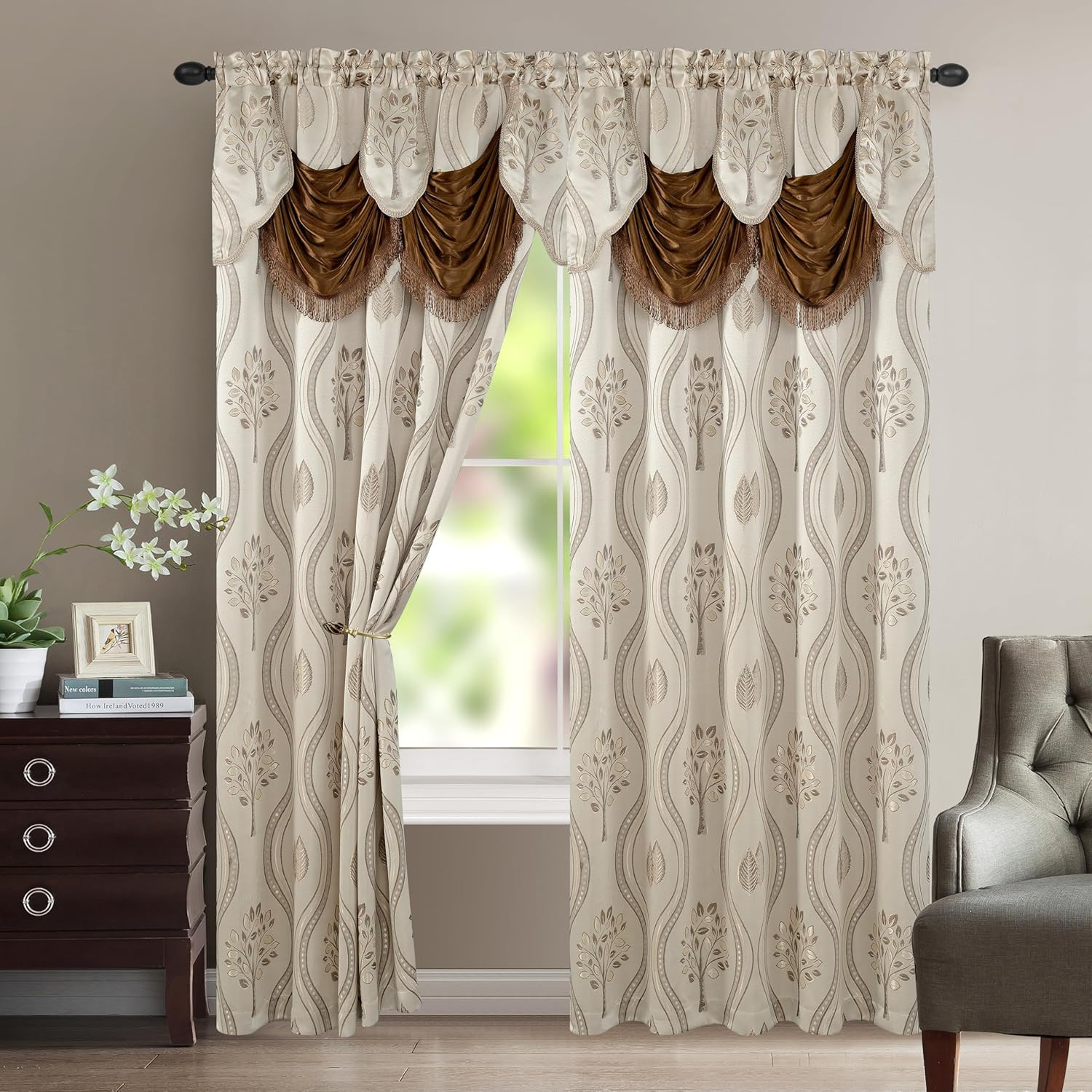Luxurious Beautiful Curtain Panel Set with Attached Valance and Backing 54″ X 84