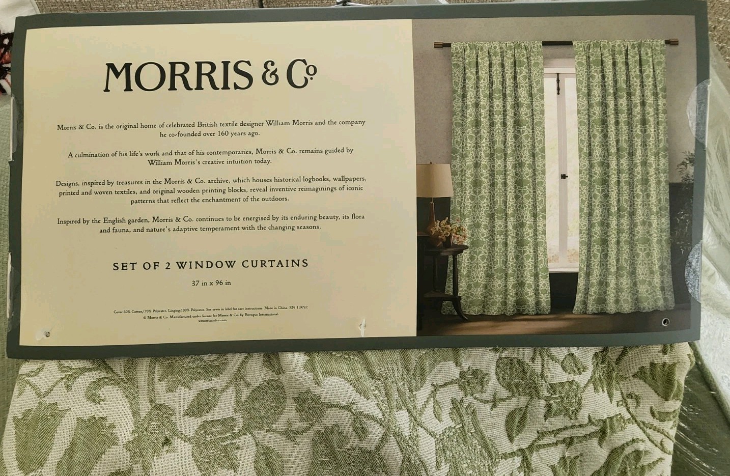 Set of 2 Morris & Co Lodden Green Floral Rod Back Tap Window Curtain 37″x 96”