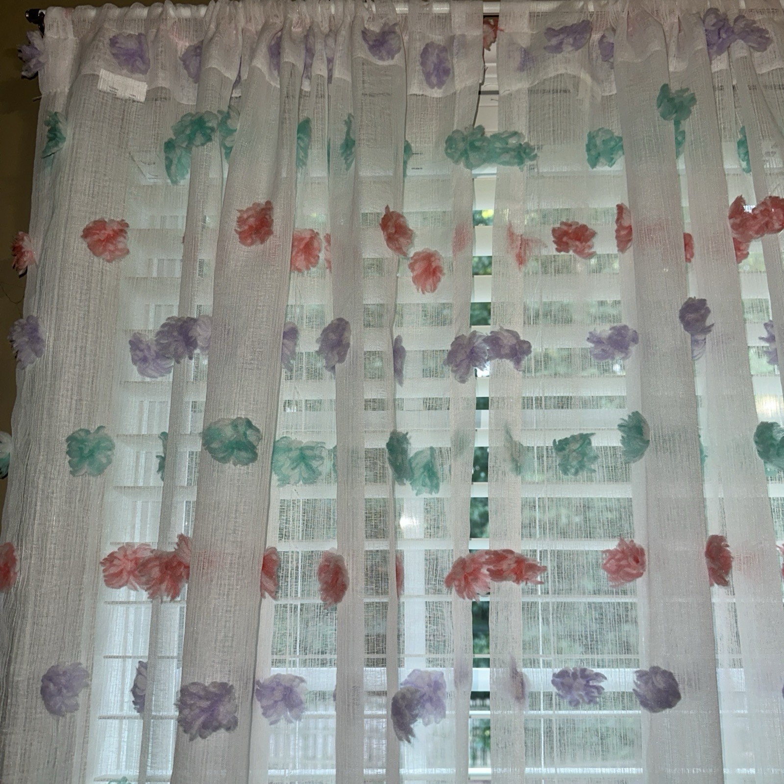 YOUR ZONE POM POMS CURTAIN PANEL 38X84 SHEER WHITE PASTEL COLORS EUC