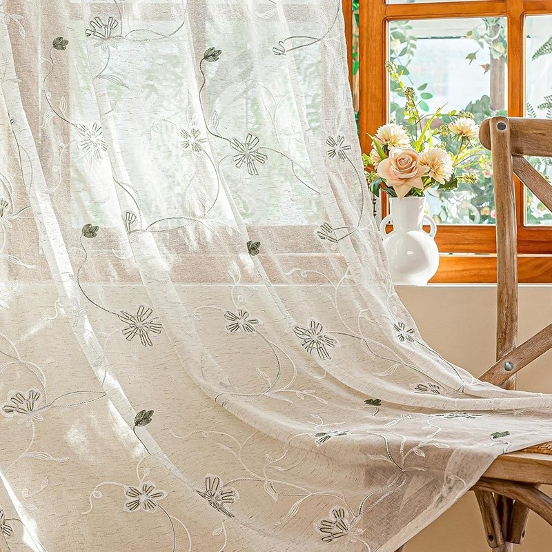 Floral Leaf Sheer Embroidered Curtains Rod Pocket Natural Fibers New